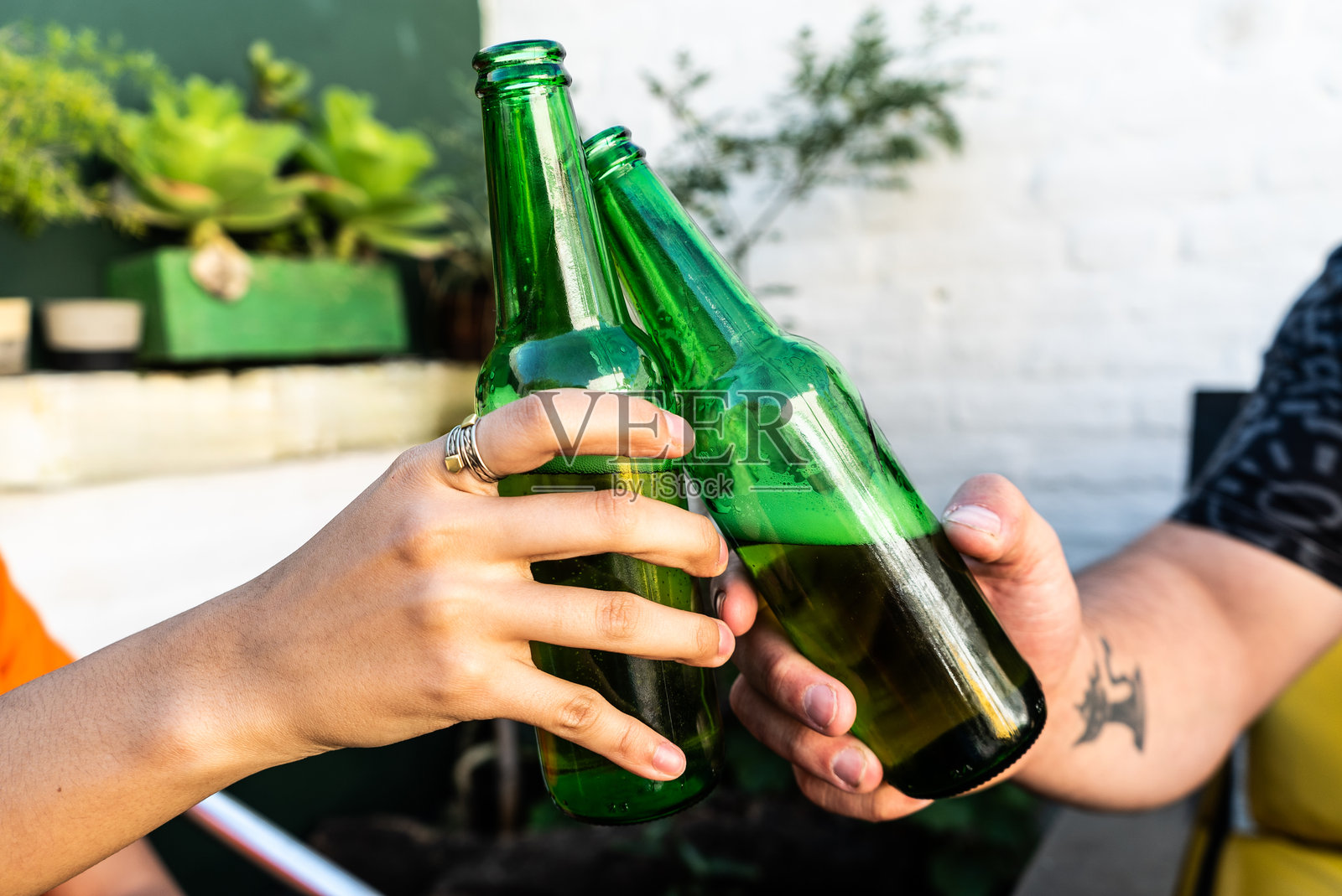 朋友们在后院举杯畅饮啤酒的特写镜头照片摄影图片