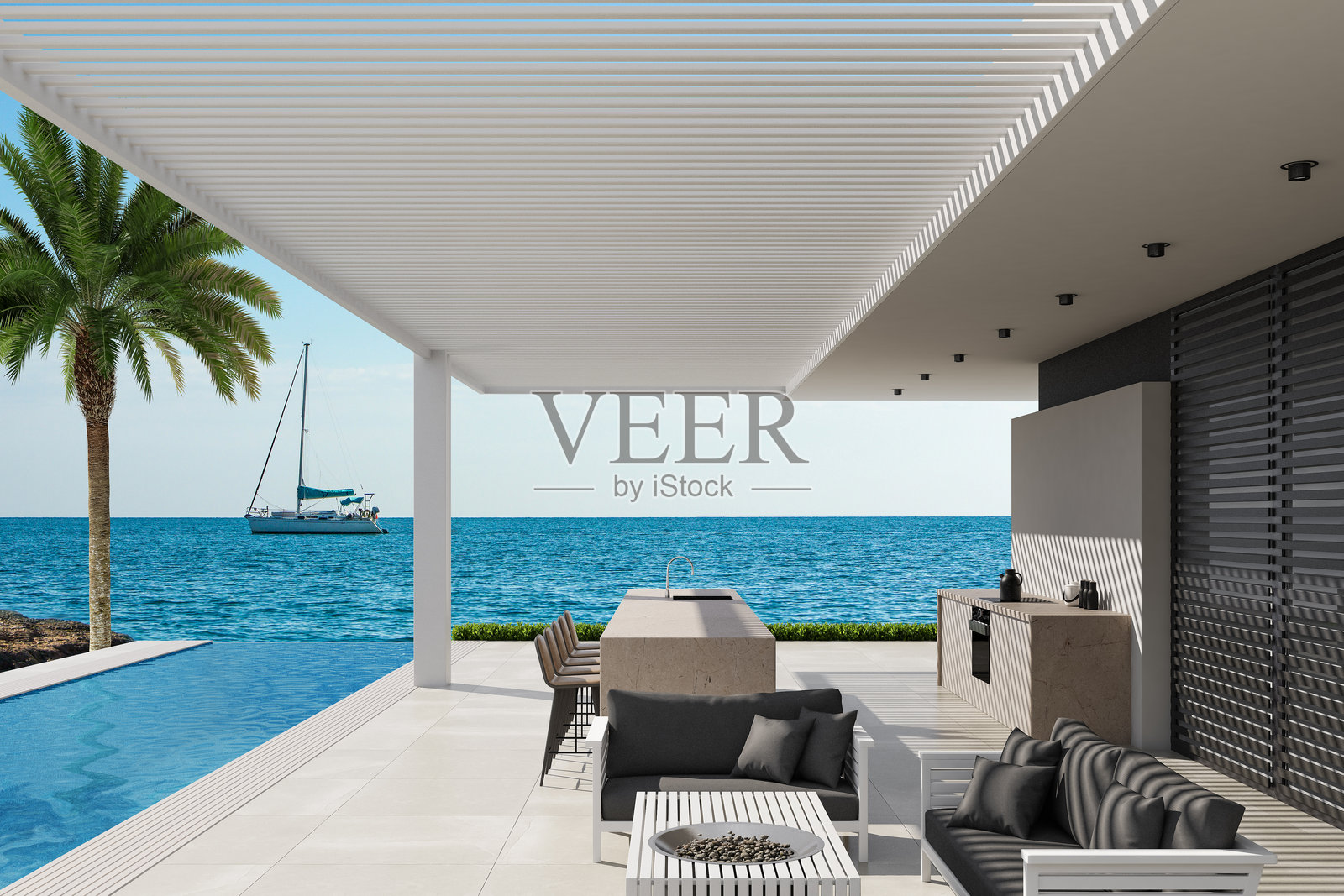 安塔利亚的优雅海滨露台与户外厨房照片摄影图片