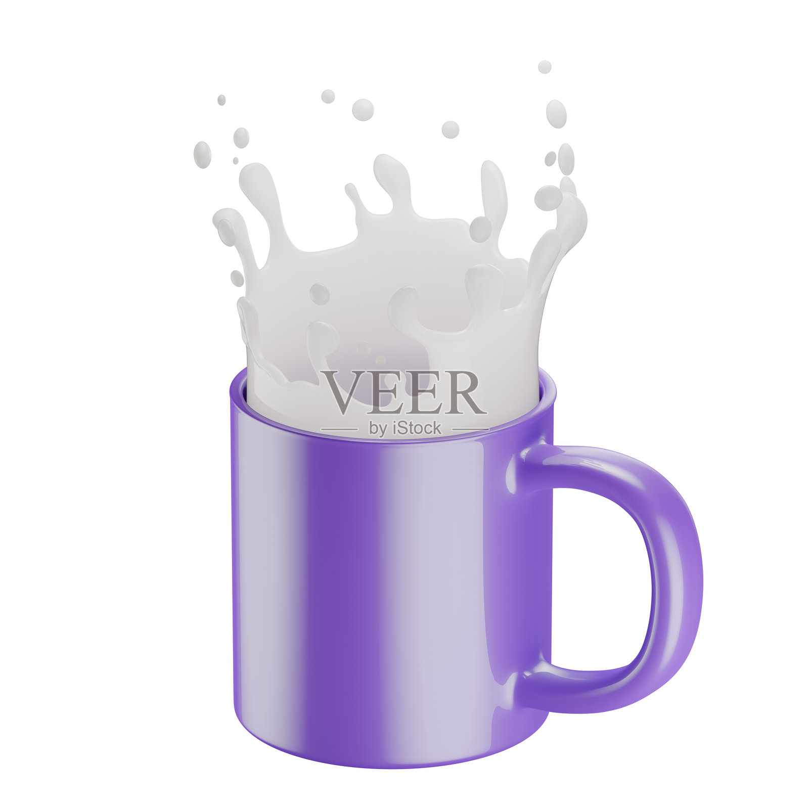 白色背景上孤立的杯子中的牛奶飞溅。3D渲染。照片摄影图片