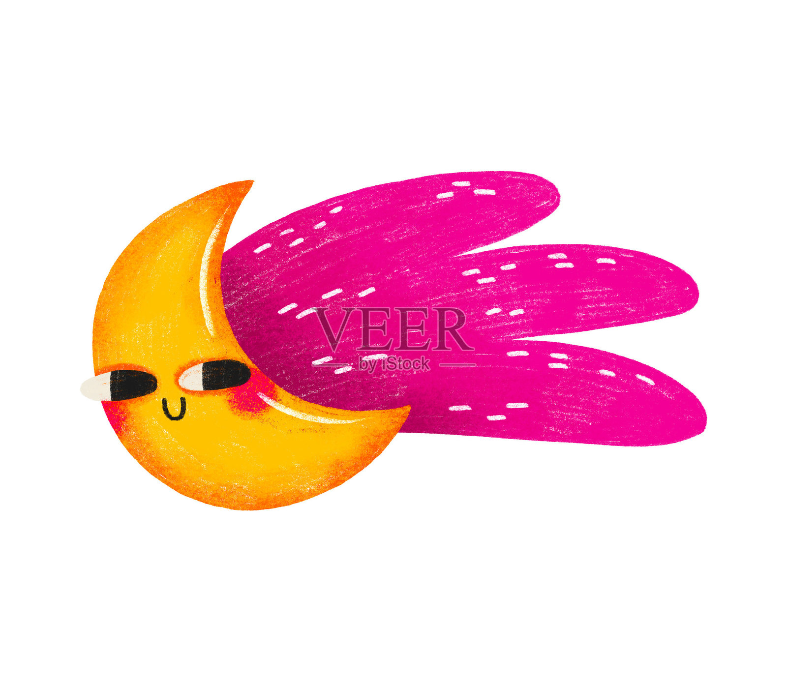 手绘的月亮带有尾巴。手绘插图，卡通月亮带有可爱的面孔，适合儿童房间的图标。飞翔的月亮带有彗星尾巴。照片摄影图片