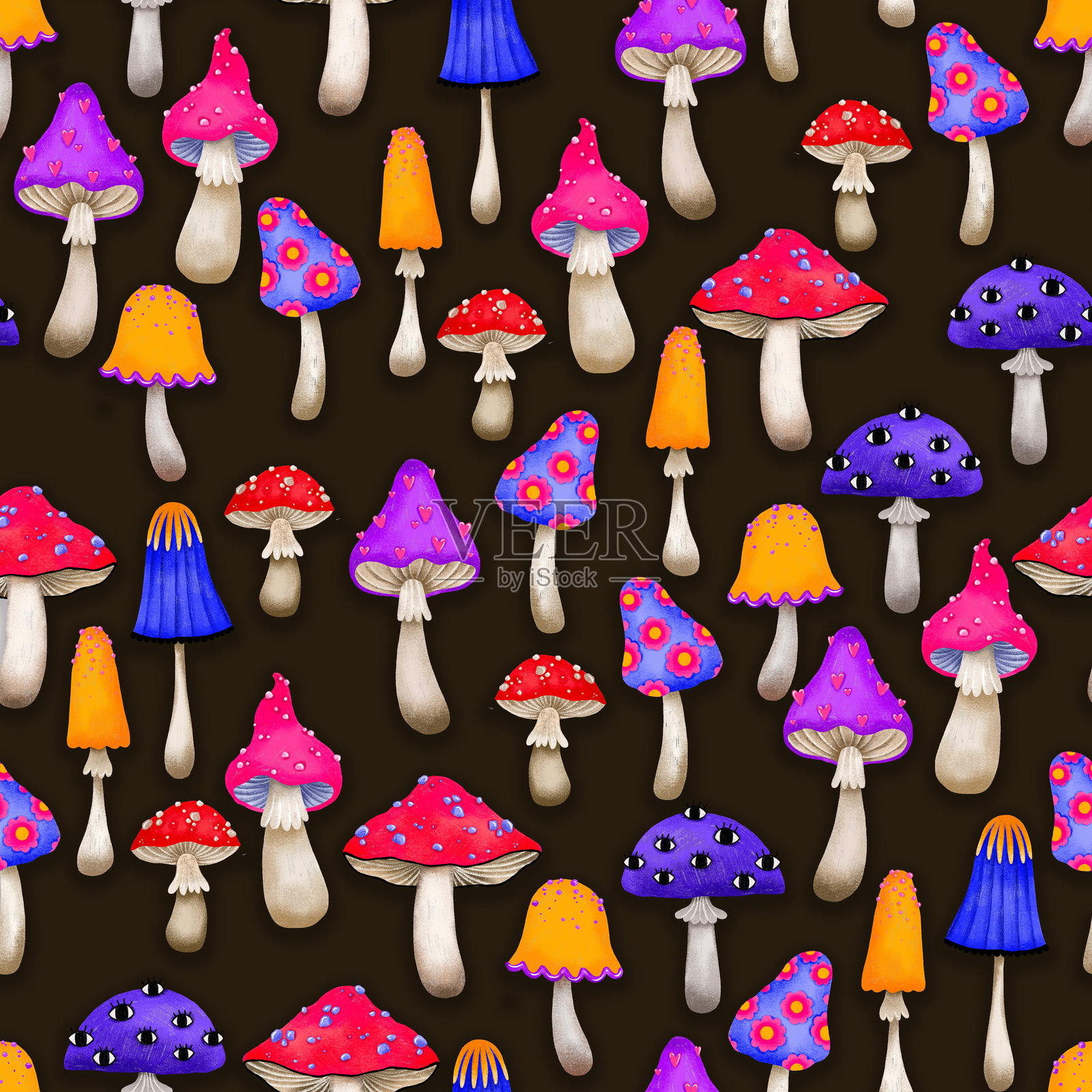 无缝背景与有毒蘑菇。色彩鲜艳的毒蕈，明亮的帽子。深色背景上的手绘图案。照片摄影图片
