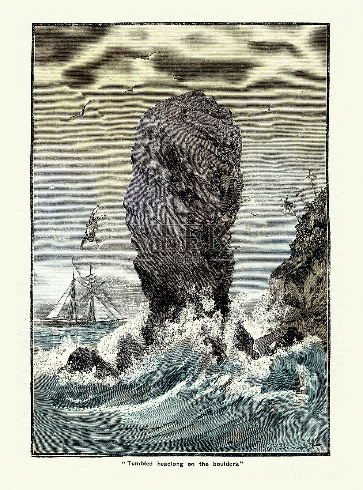 一个人在试图爬上岩石后，从岩石上掉入大海，维多利亚时代，19世纪，复古插图插画图片素材