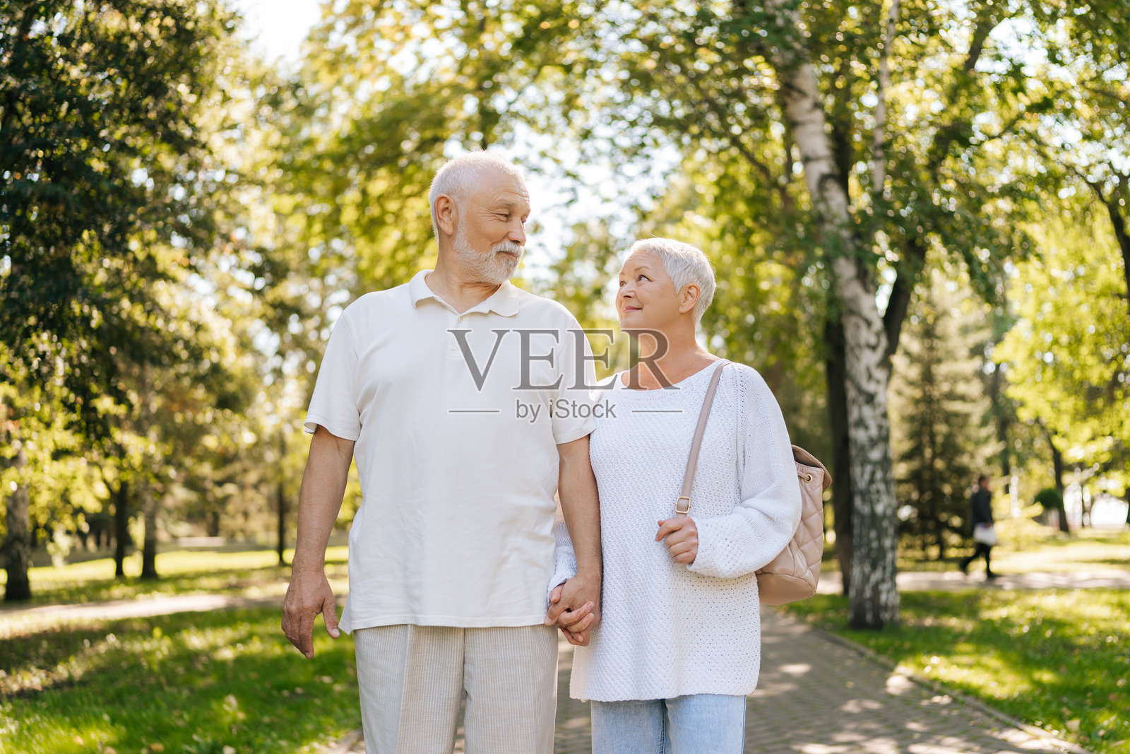 美丽的老年情侣相互凝视，手牵手，享受夏季公园中郁郁葱葱背景下的悠闲散步。照片摄影图片