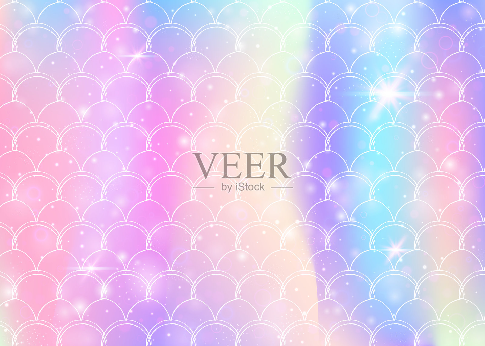 彩虹鳞片背景与可爱的美人鱼公主图案。插画图片素材