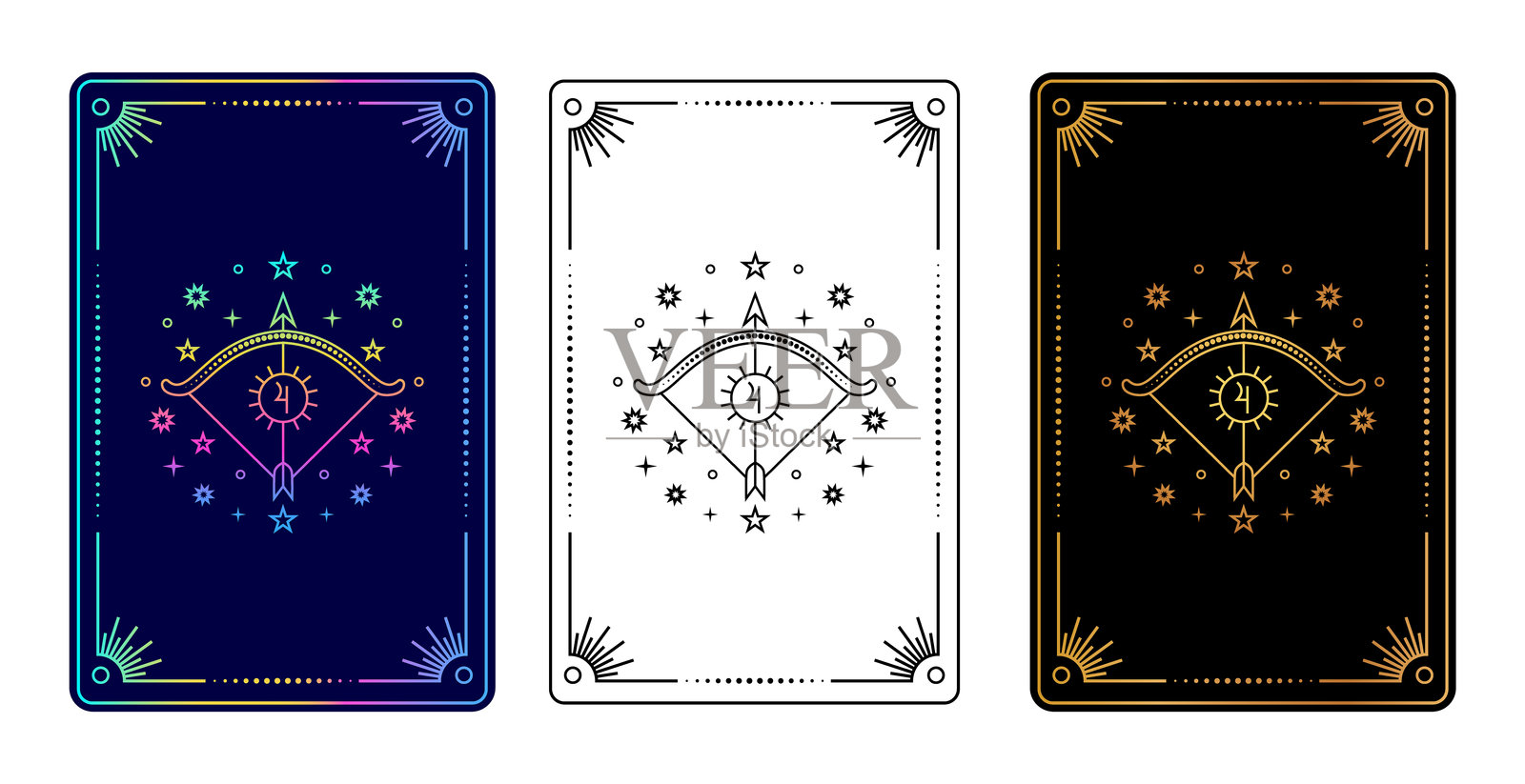 一组三张塔罗牌，包含射手座星座的渐变、黑白和黑色金色变体。插画图片素材