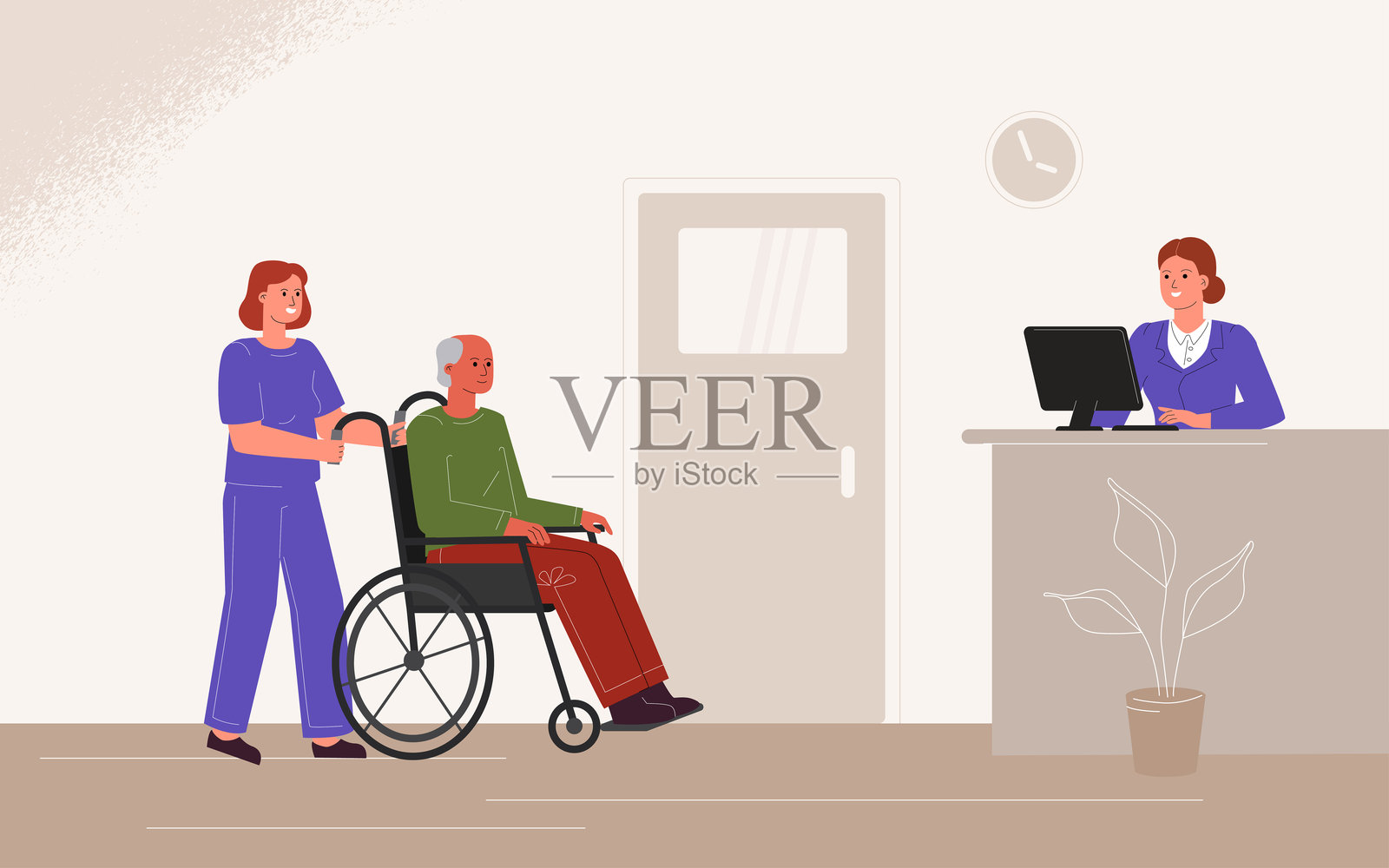 一名护理人员正在帮助一位坐在轮椅上的老人前往医疗或护理机构的接待处。插画图片素材
