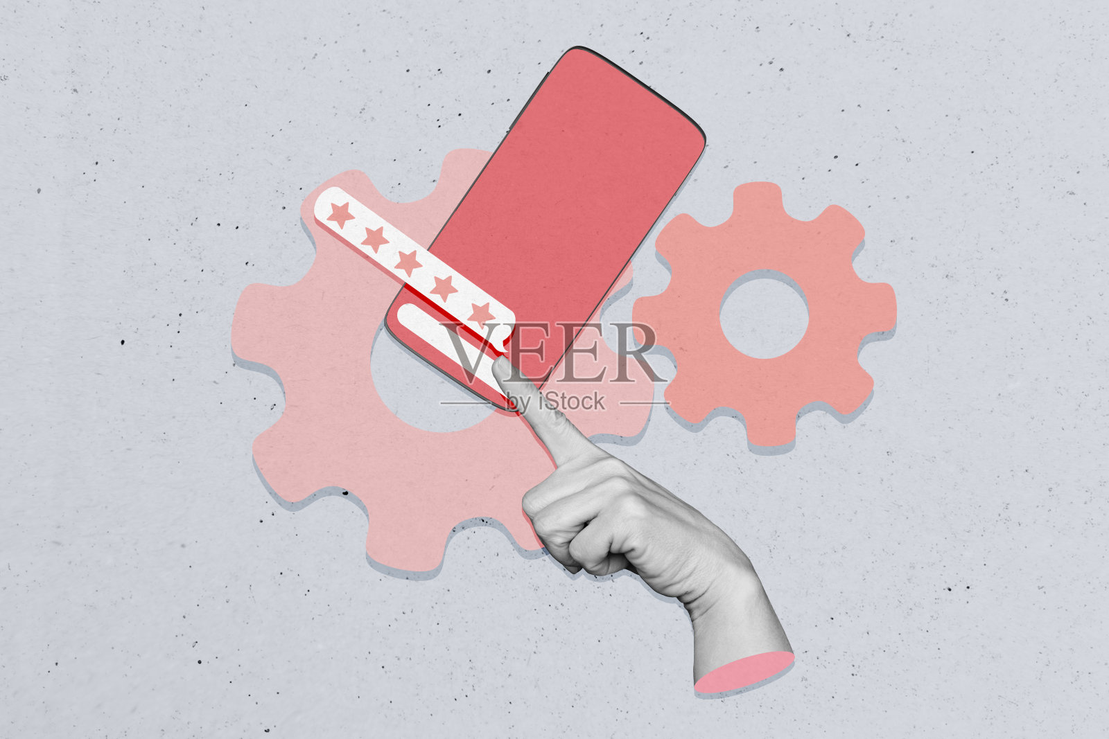 24/7客服热线服务的趋势拼贴，办公室经理拨打电话的人，手指手势触摸显示屏，星级反馈照片摄影图片