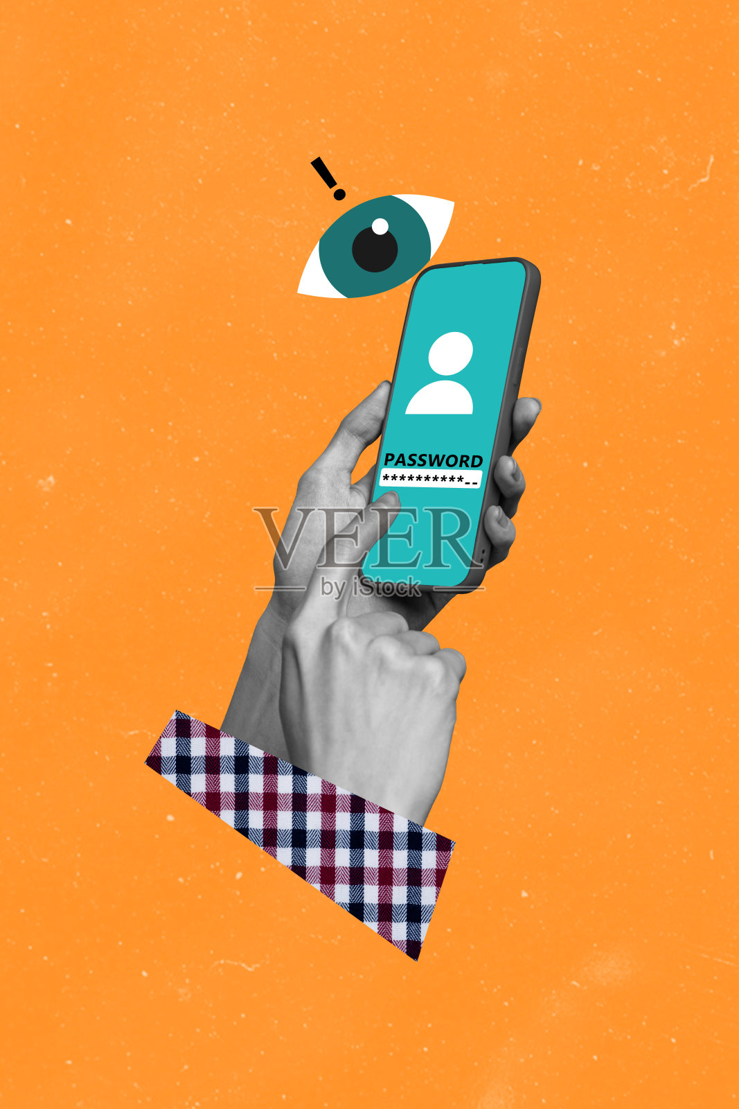 垂直照片拼贴，手指输入密码解锁手机账户应用，眼睛网络安全概念，背景为涂鸦风格。照片摄影图片