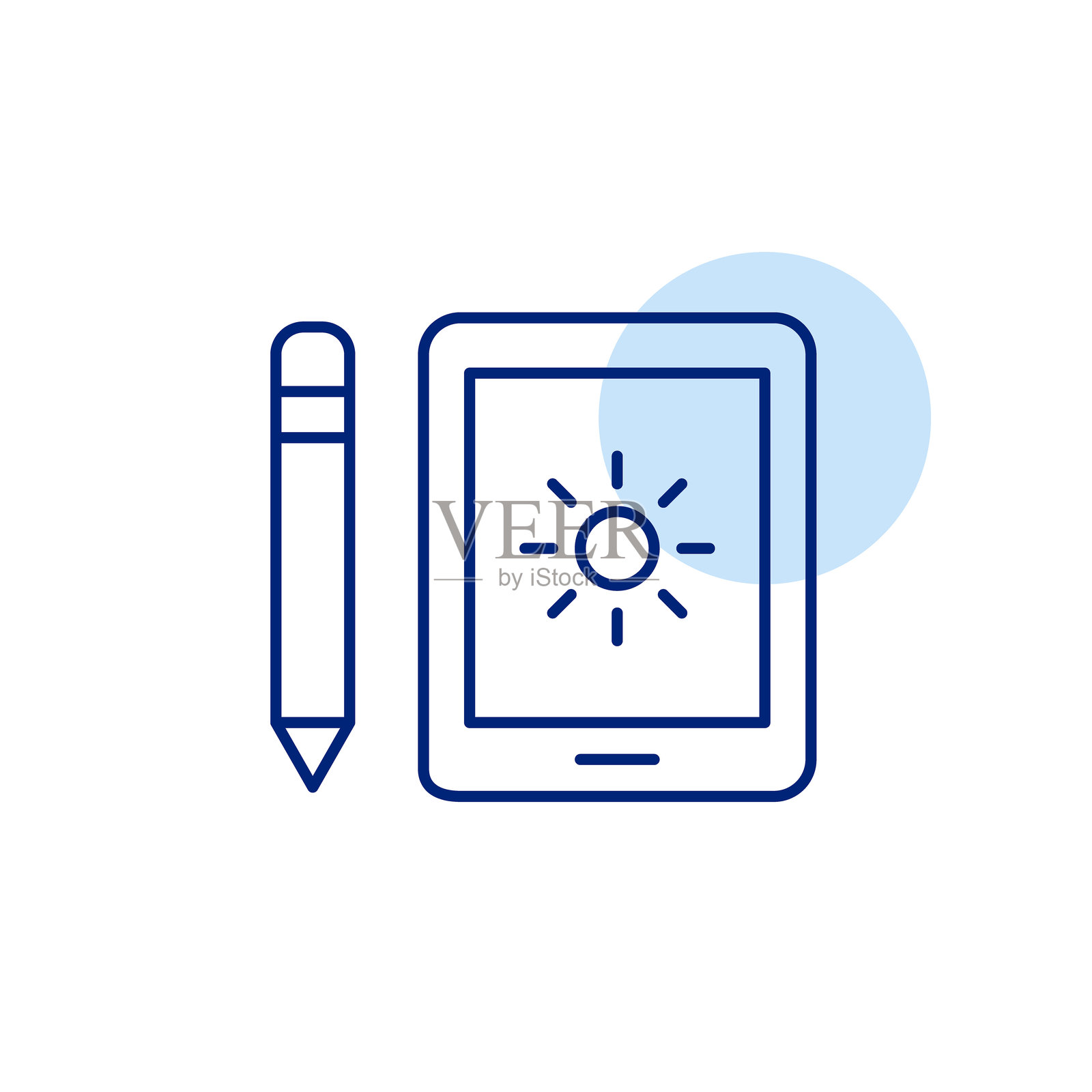 带有铅笔和太阳符号的电子平板电脑，屏幕上自动调节亮度，增强可见性。像素完美的矢量图标。插画图片素材