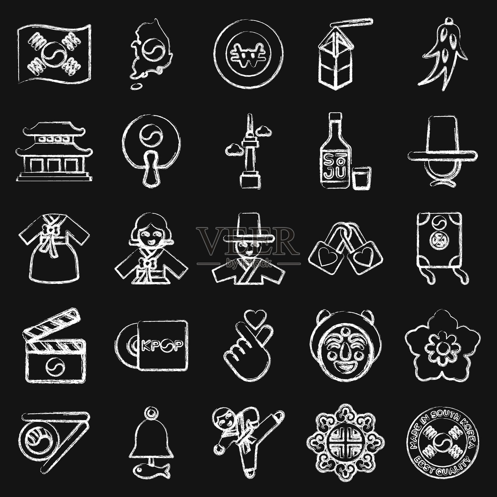 韩国图标集。韩国元素。粉笔风格的图标。适合用于印刷品、海报、标志、广告、信息图表等。插画图片素材