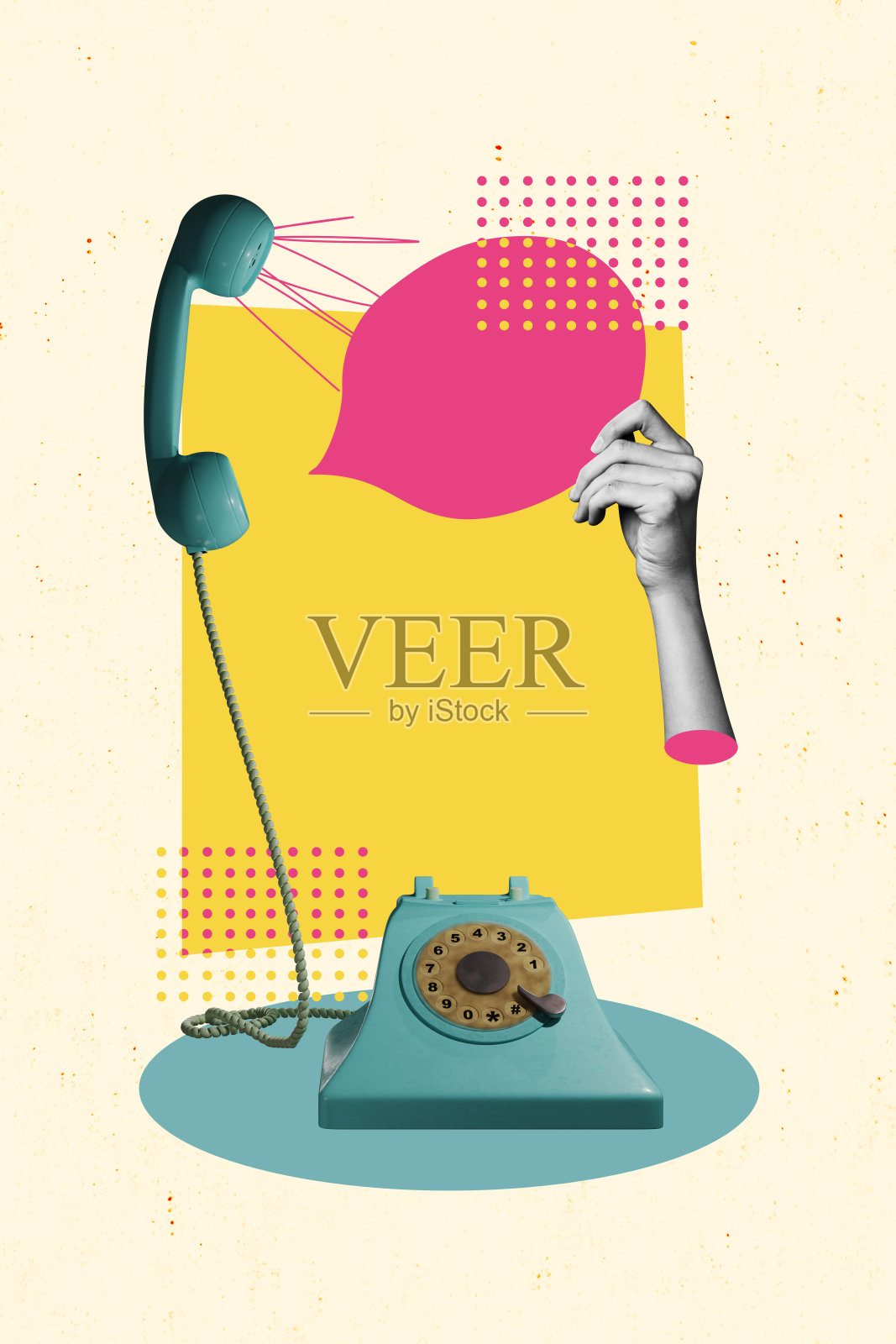 手持座机电话的综合趋势艺术草图，图像拼贴展示聊天支持热线服务的对话气泡。照片摄影图片