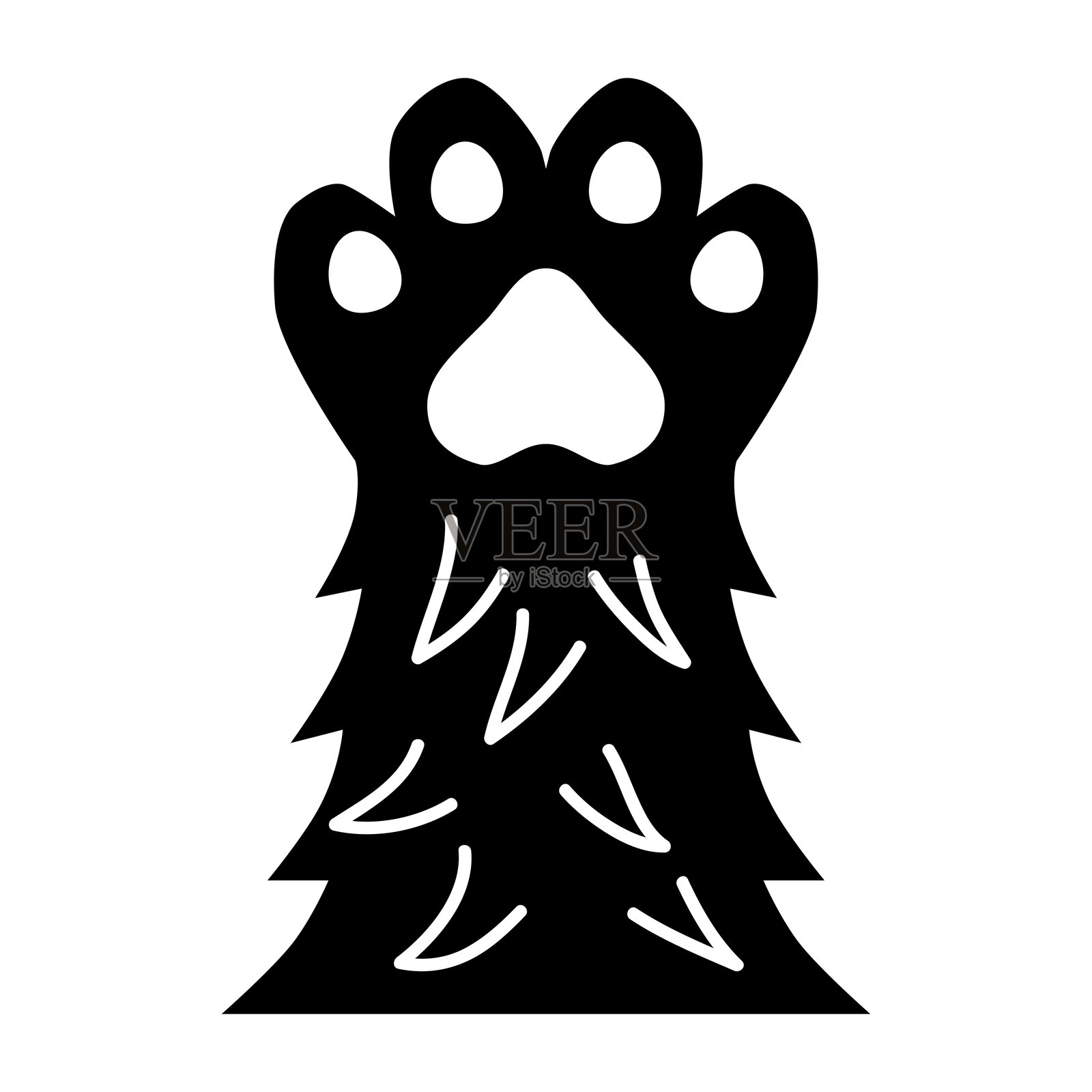 毛茸茸的猫爪图标。黑色猫爪轮廓，带有爪子。用于设计和网页的矢量插图。插画图片素材