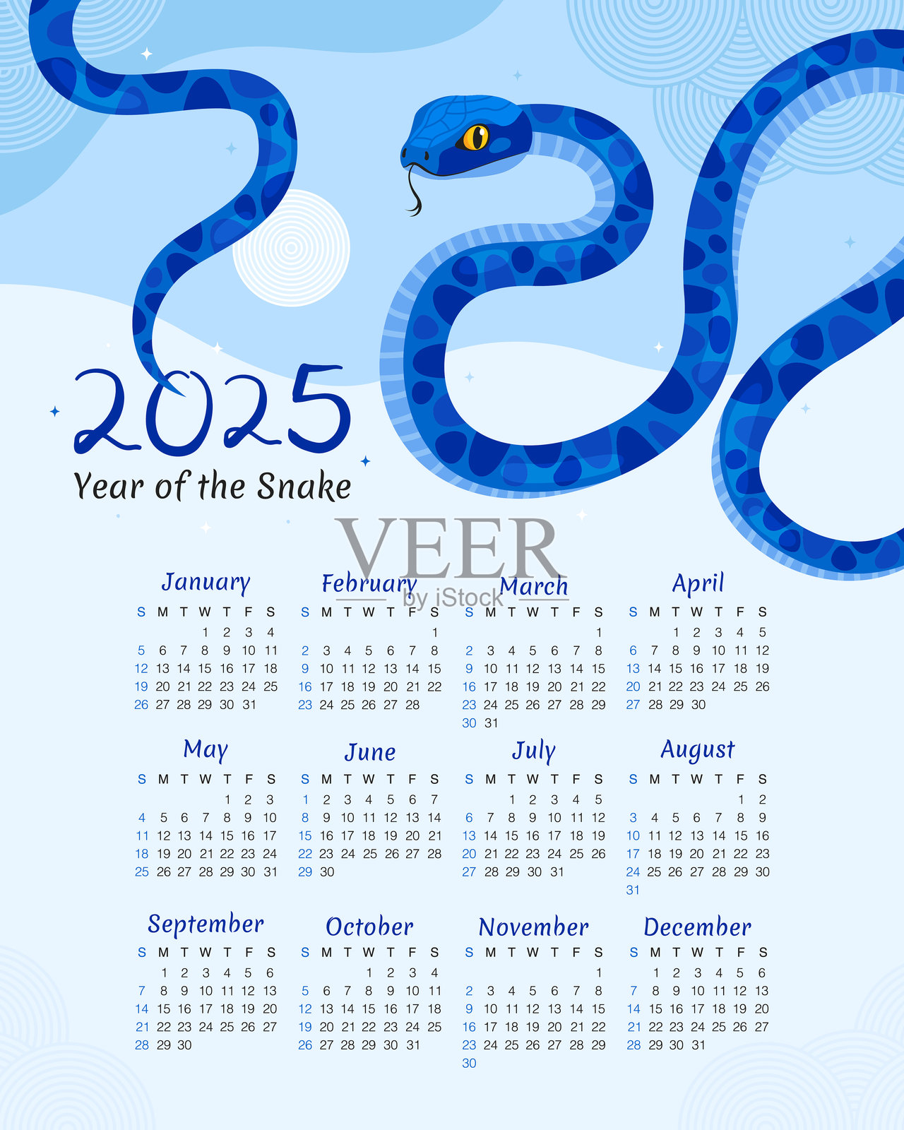 2025年日历。12个月，从星期天开始。蛇年，新年。插画图片素材