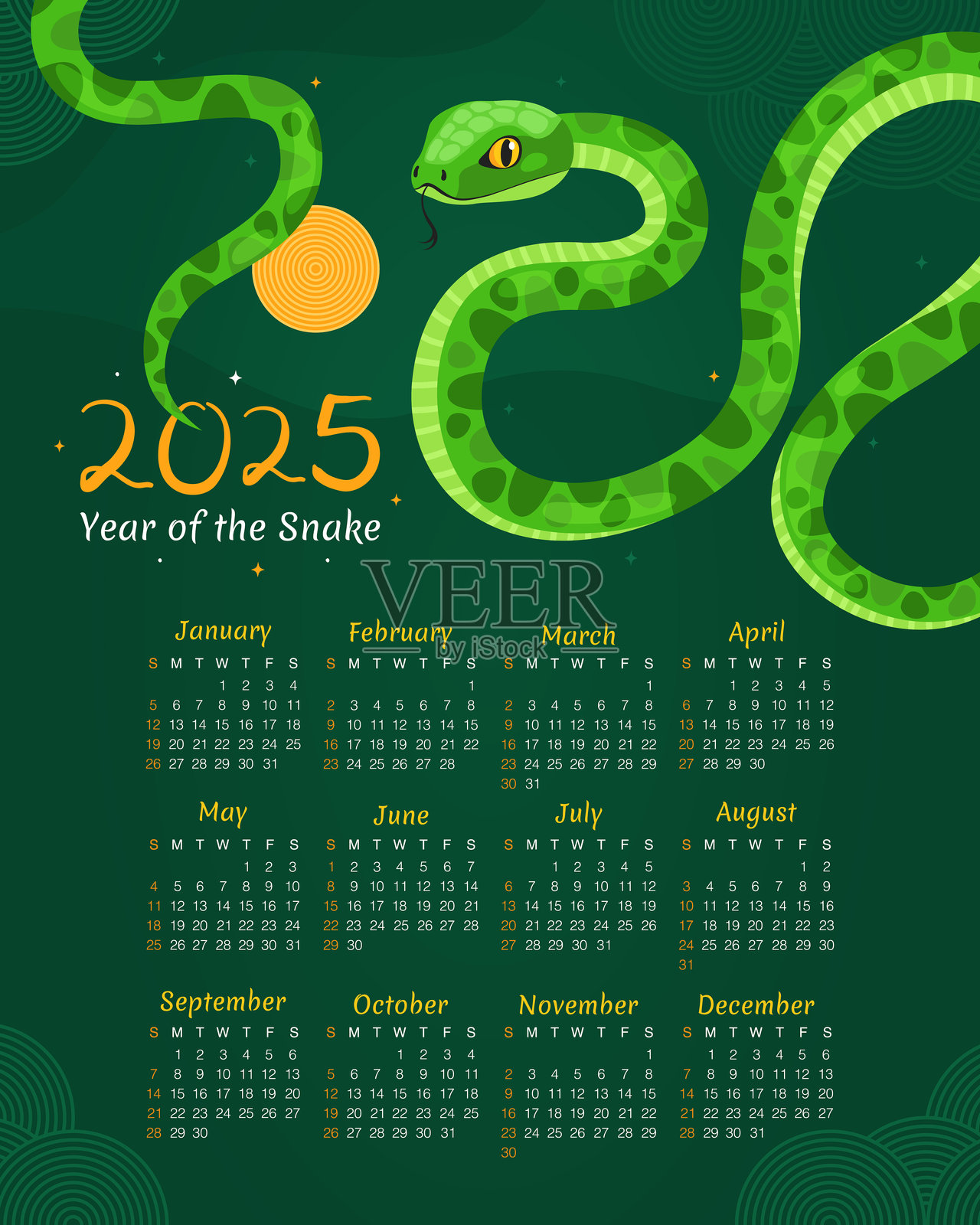 2025年日历。12个月，从星期天开始。蛇年，新年。插画图片素材