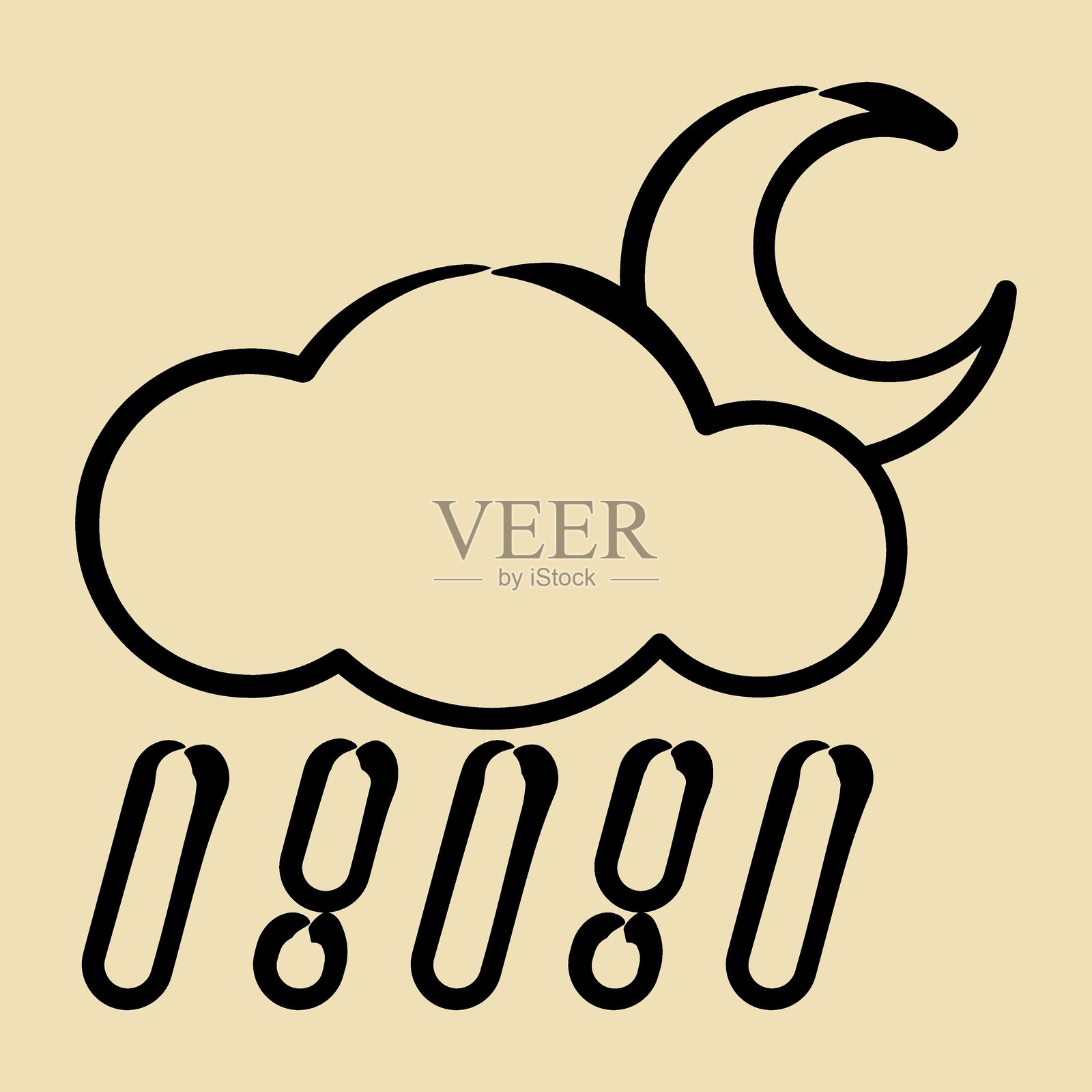 手绘风格的雨夜图标。天气元素符号。适合用于印刷、网页、智能手机应用、海报、信息图表、标志等。插画图片素材