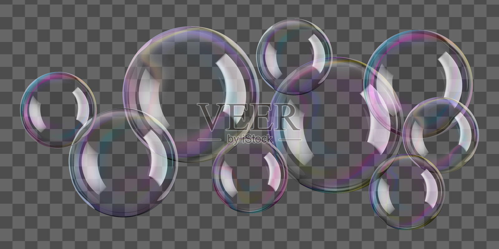 透明水中的肥皂泡，3D矢量背景。大球体上的白色反射和用棒吹出的粉色圆圈。彩虹色的圆形球体。空气中的玻璃镜面泡沫光晕PNG。插画图片素材