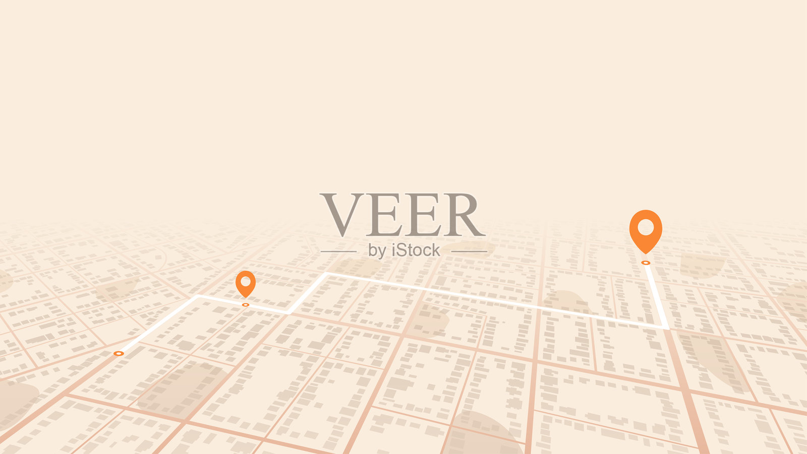 GPS导航，路线上的图钉和标记。城市地图展示方向指示牌和预定目标点。抽象计划突出城市街道的兴趣点。带有指定路线的矢量插图。插画图片素材