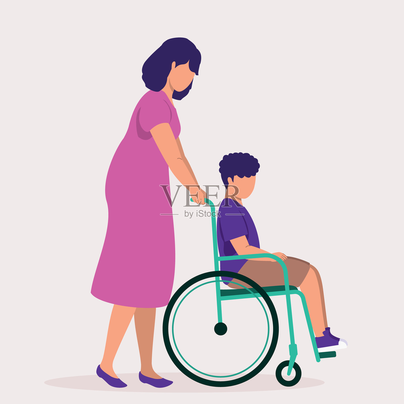 年轻母亲推着她的残疾小儿子在轮椅上。插画图片素材