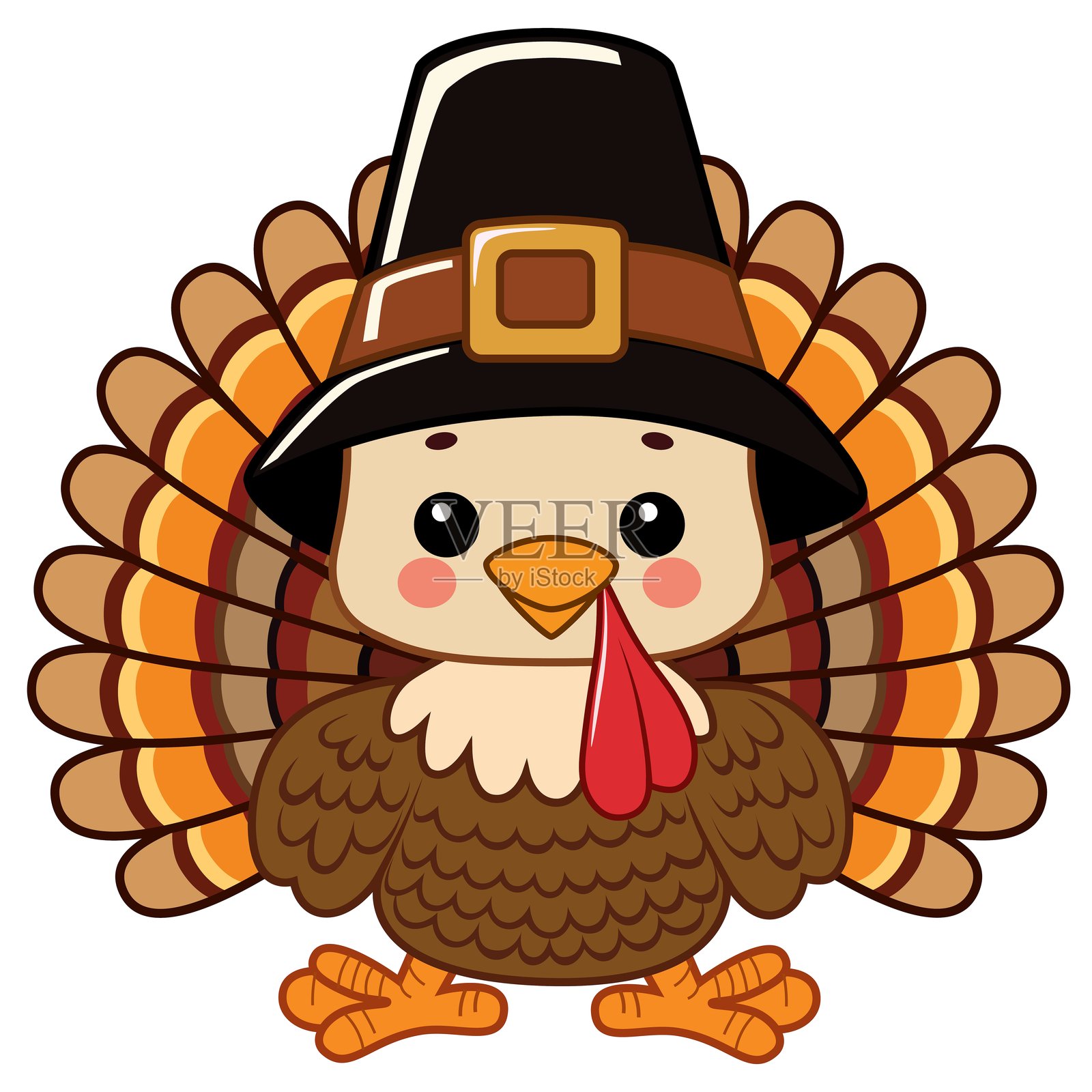 白色背景上的戴着朝圣者帽子的宝宝火鸡图形设计。插画图片素材