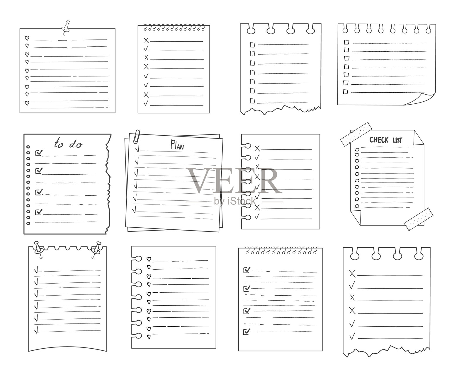 待办事项清单页面涂鸦空白。提醒、备忘录手绘图，独立于白色背景。铅笔计划本、便签纸、纸张。矢量插图插画图片素材