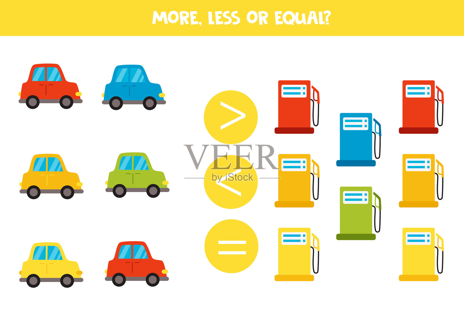 更多、更少、相等与卡通彩色汽车和加油站。多彩的工作表。插画图片素材