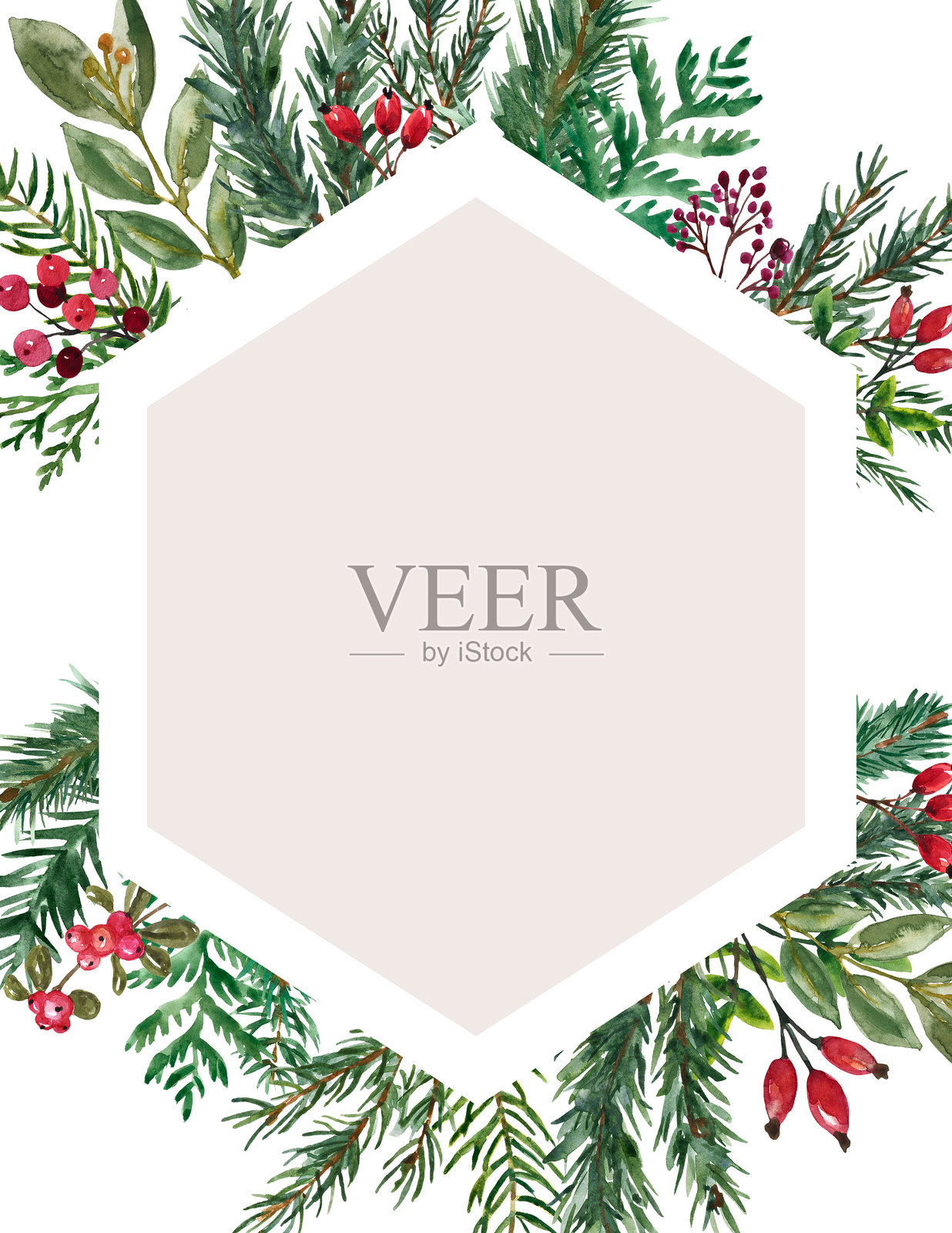 冬季圣诞边框，由松树枝、绿叶和红色浆果组成。水彩插图的花卉框架。照片摄影图片