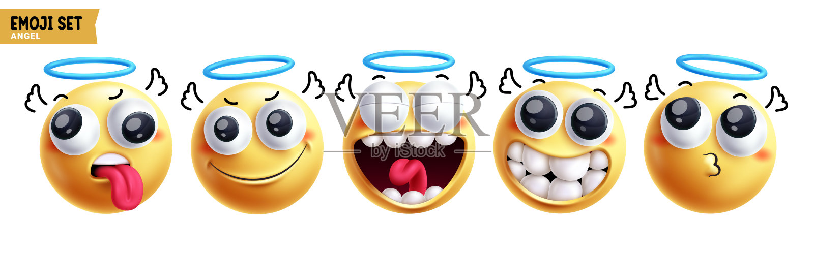 天使表情符号角色矢量图集。表情符号角色包括快乐、顽皮、善良、守护天使、可爱和搞笑的面部反应。插画图片素材