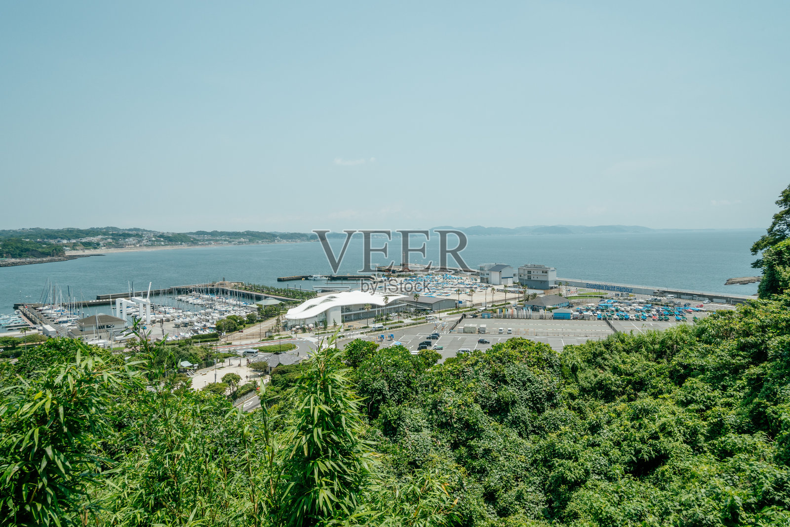 从绿色山脉俯瞰海洋，远处有一排排房屋。照片摄影图片