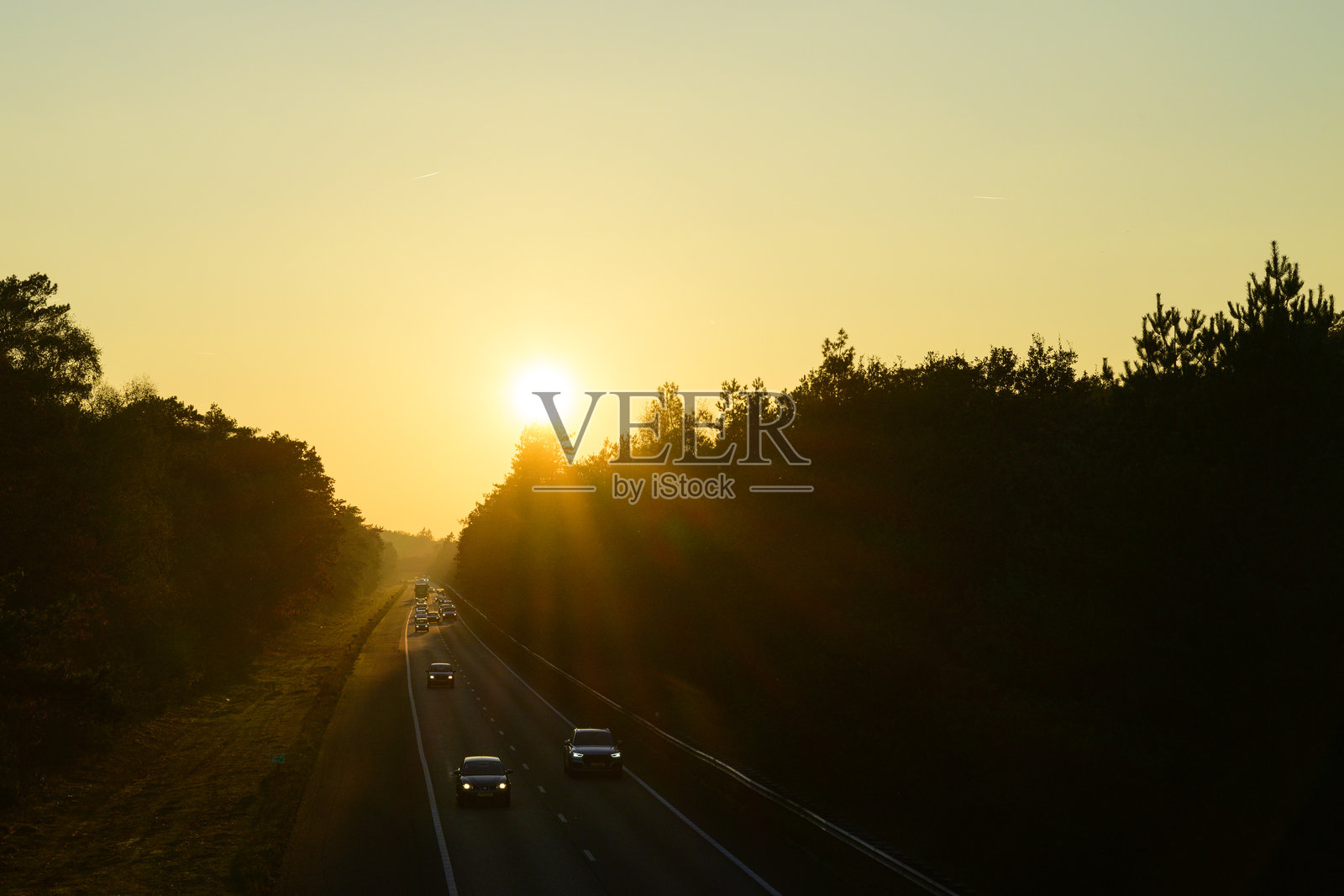 秋天的日落映照在穿过森林的高速公路上照片摄影图片