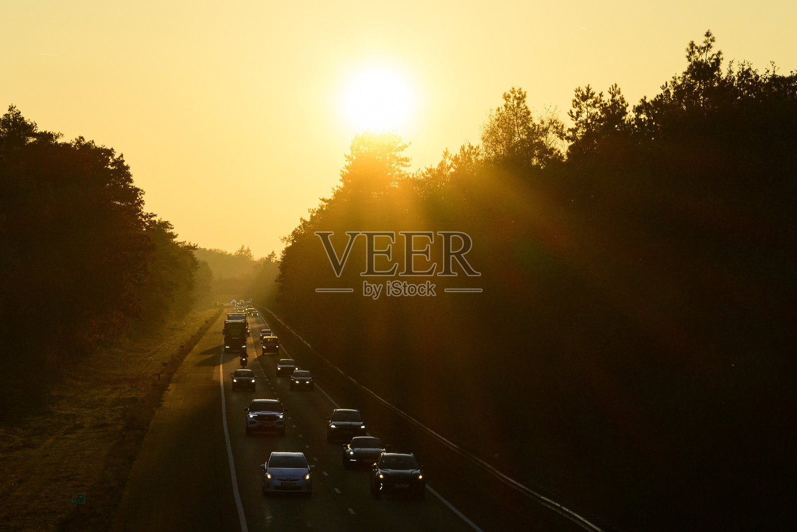 秋天的日落映照在穿过森林的高速公路上照片摄影图片