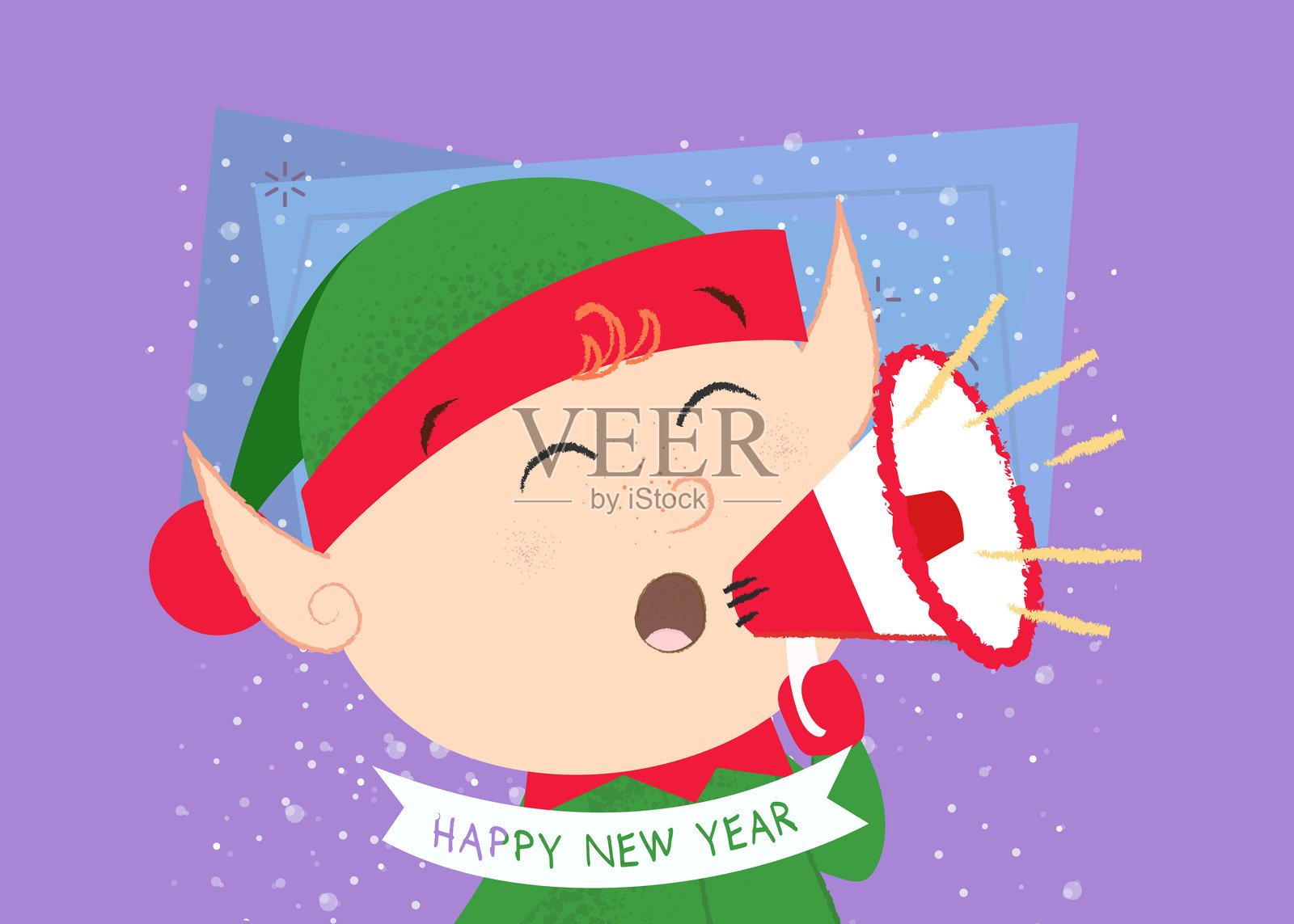 新年快乐，绿色精灵手持扩音器的明信片设计。绿色背景上有圣诞精灵和扩音器的字母设计。可用于明信片、邀请函和贺卡。插画图片素材