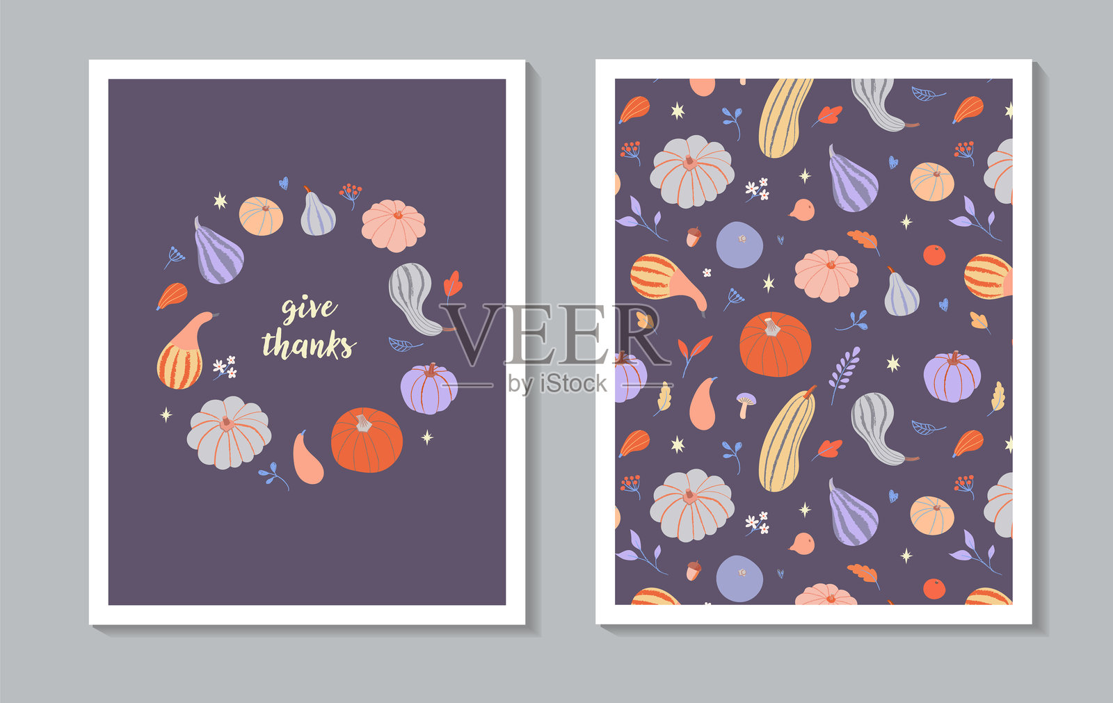 感谢卡和图案设计。温馨的秋季插图，包含各种南瓜和葫芦。感恩节问候卡设计的丰收蔬菜花环。插画图片素材