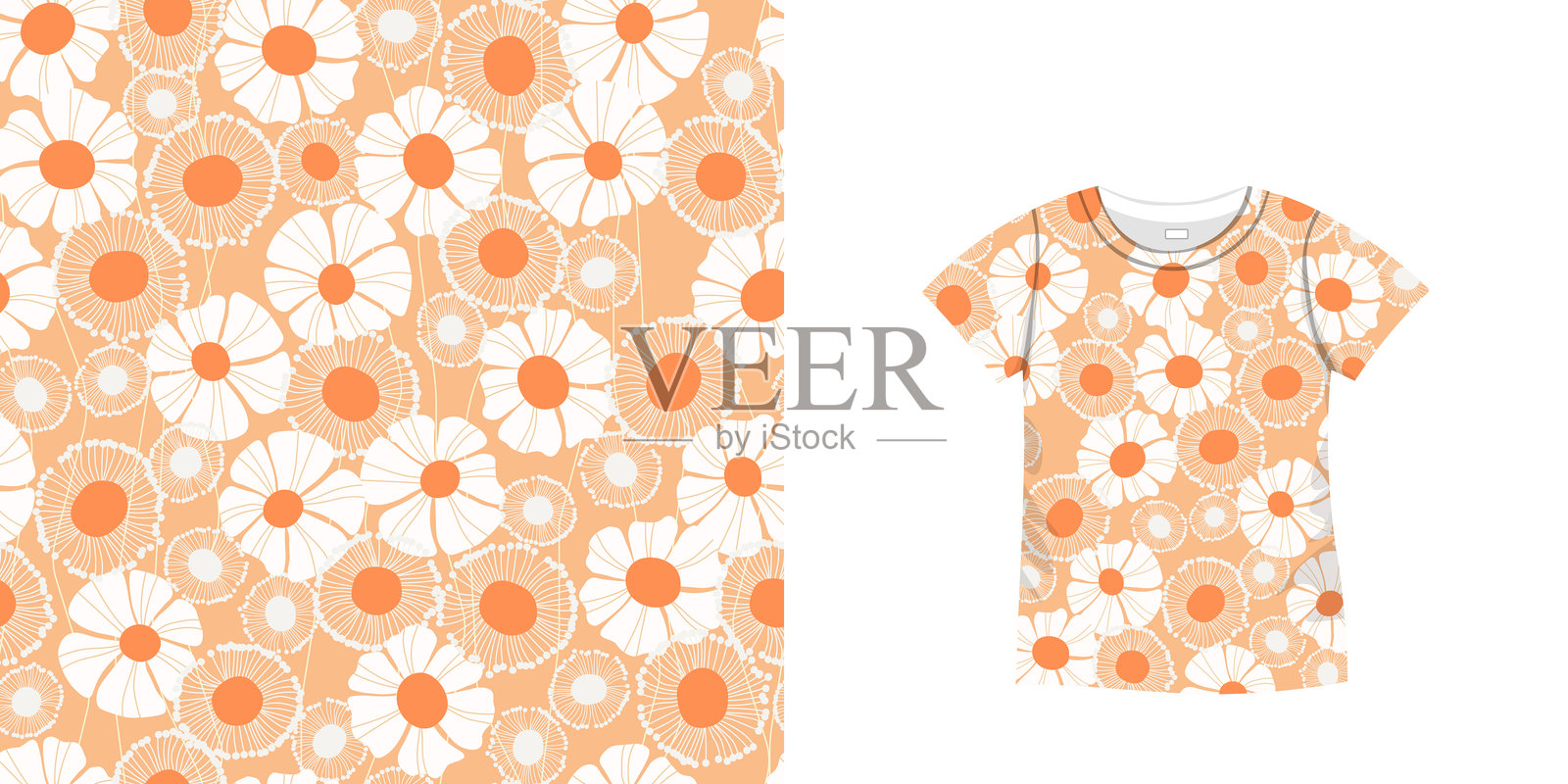 带花卉图案的T恤。女款针织衫，运动制服套装，短款时尚上衣，圆领衬衫。草图插图。模板样式。插画图片素材