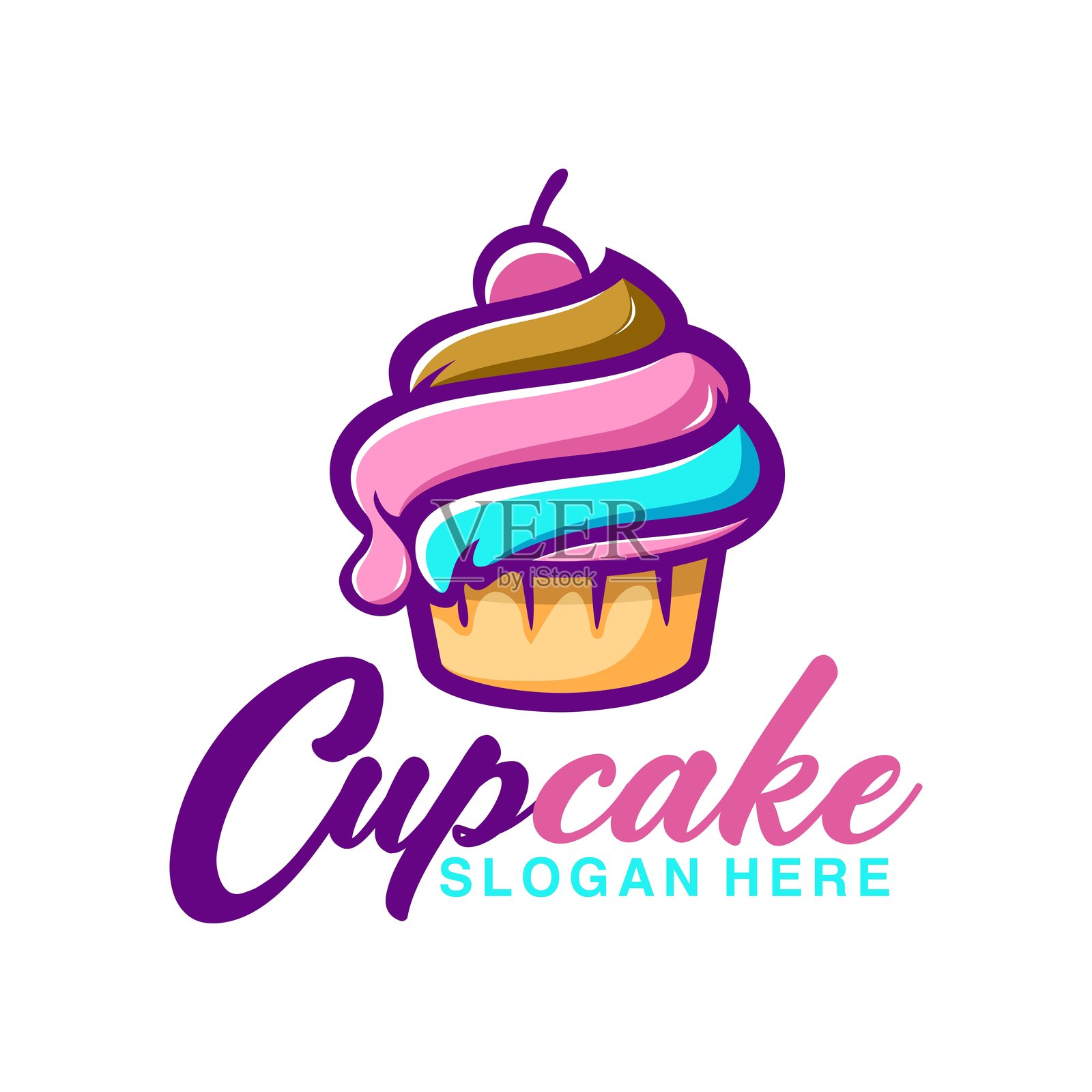 可爱的杯子蛋糕剪贴画矢量艺术，甜美的食物，带有红樱桃的可爱杯子蛋糕，霓虹红插图集，杯子蛋糕可爱扁平甜点松饼零食食品插画图片素材