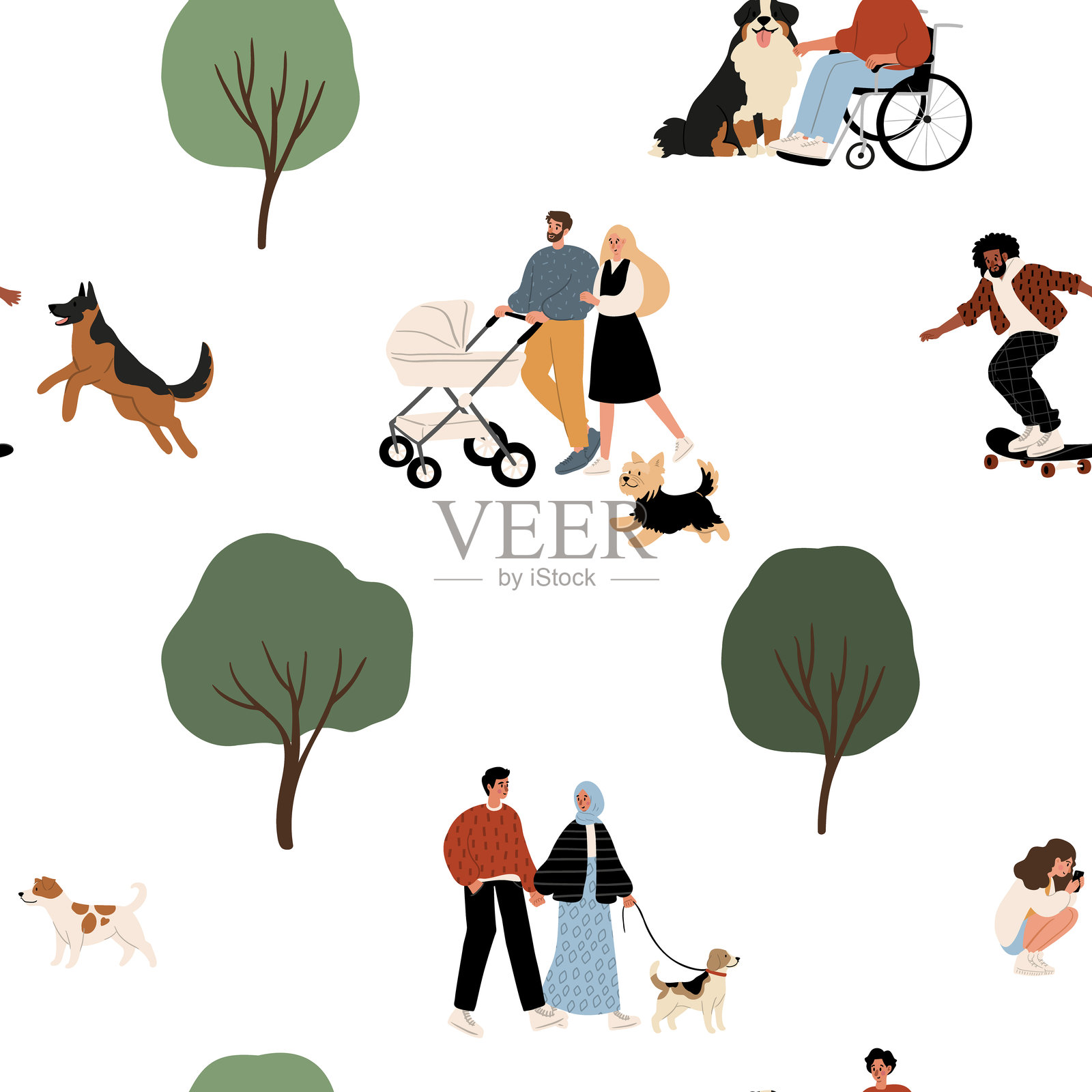 无缝图案展示了顽皮的小狗和多样化的人们在公园环境中享受时光。这幅生动的插图庆祝了多元文化，为各种应用创造了愉快的背景。插画图片素材