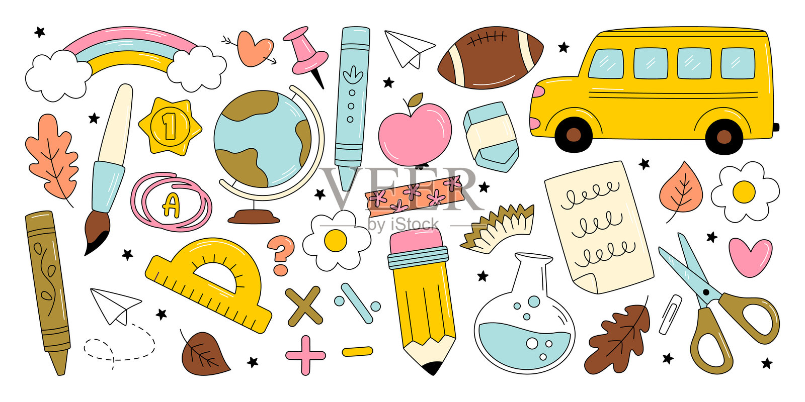 返校设计元素，搞笑的知识复古风格图标，可爱的文具印刷套装插画图片素材