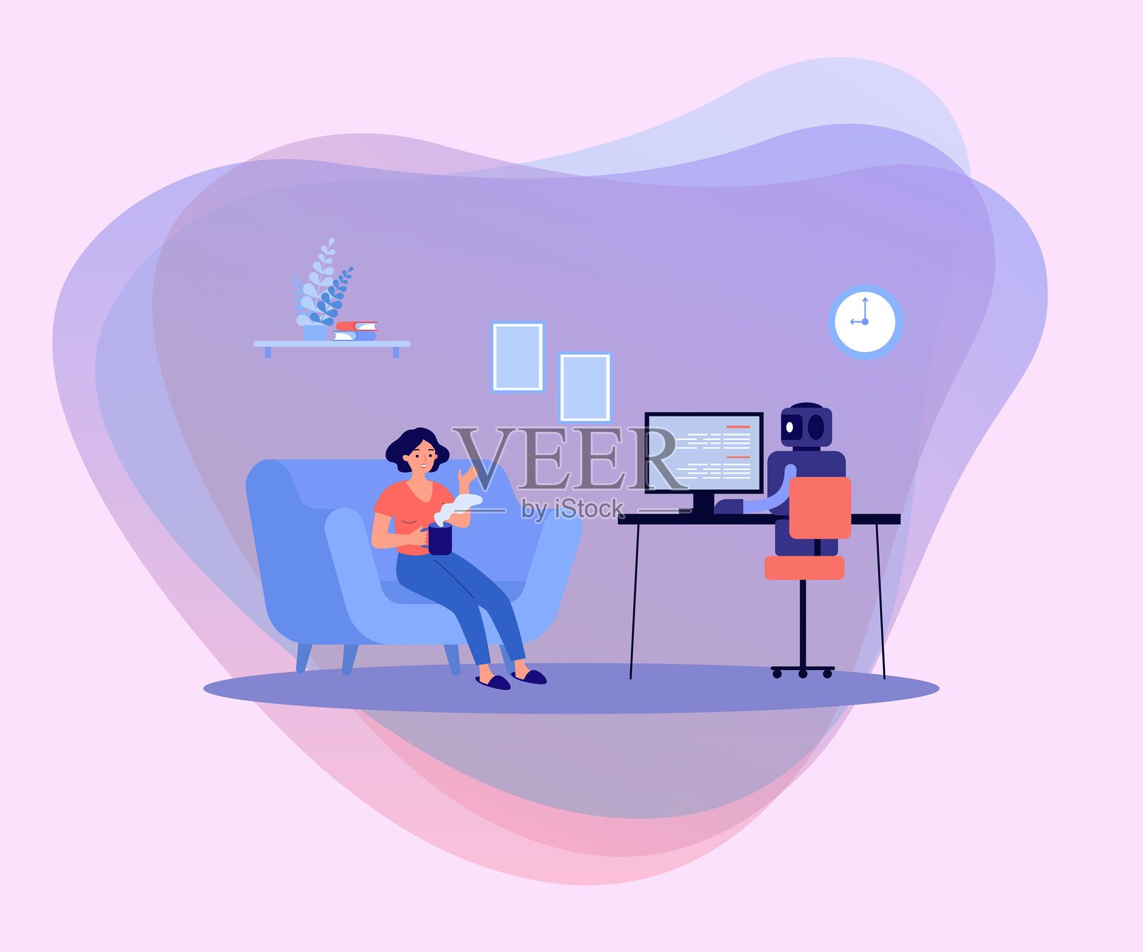 快乐的女人坐在沙发上与机器人交谈的矢量插图插画图片素材