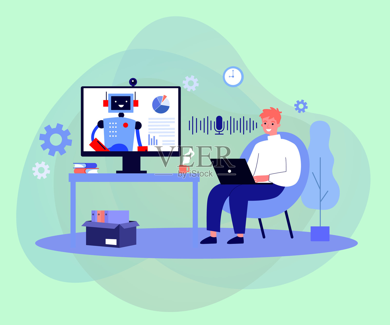 快乐的办公室工作人员与机器人助手的矢量插图插画图片素材