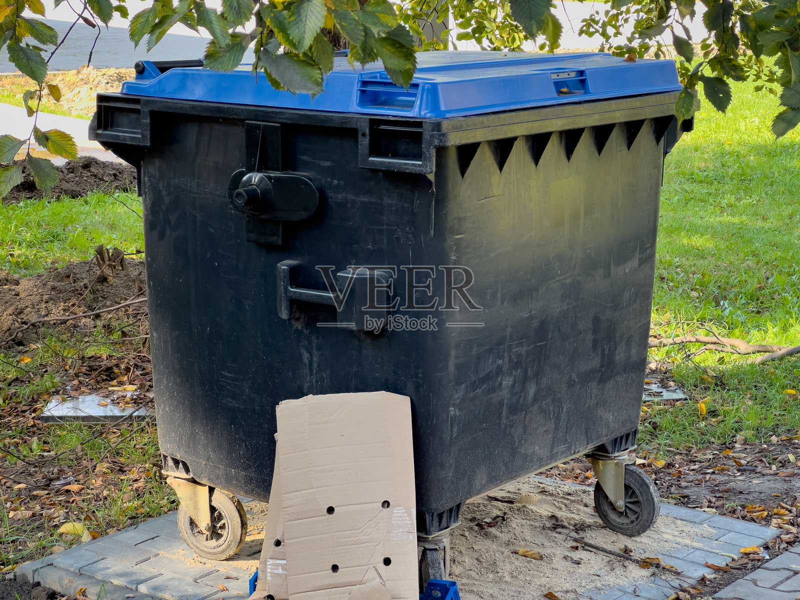 一个大型黑色垃圾桶，配有蓝色盖子和轮子，放置在铺砌街道的边缘。背景中可见草地和落叶。照片摄影图片