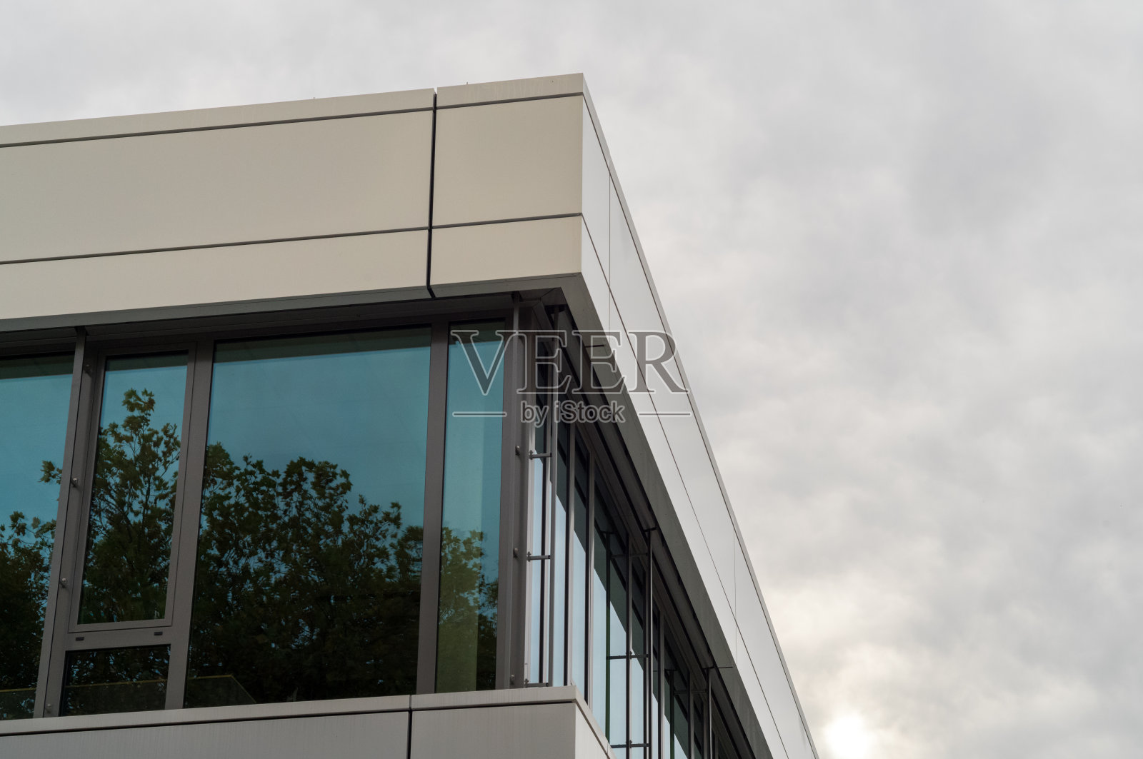 现代办公楼外角，玻璃窗映照着树木。照片摄影图片