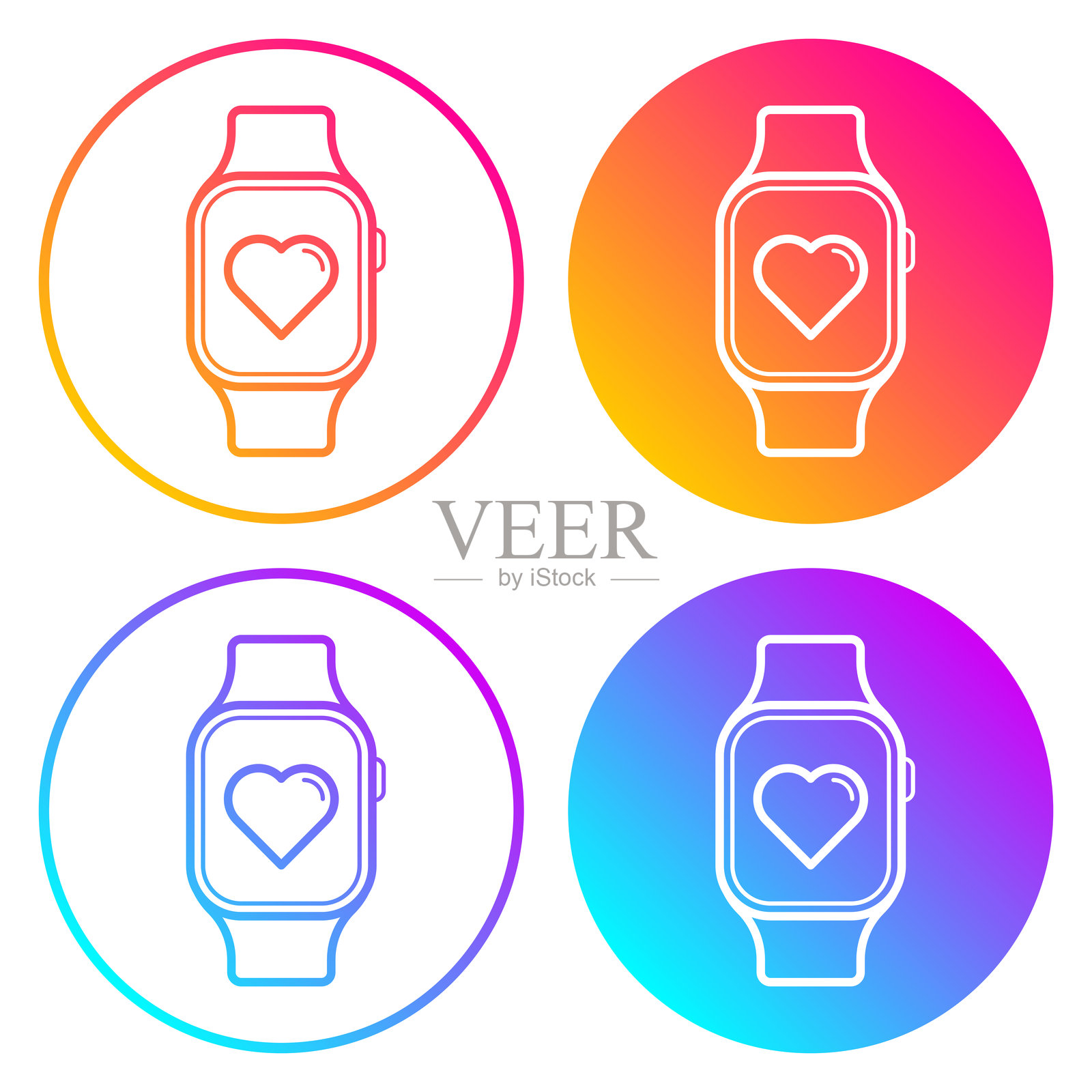 带心形的智能手表。带有渐变色的圆形图标插画图片素材