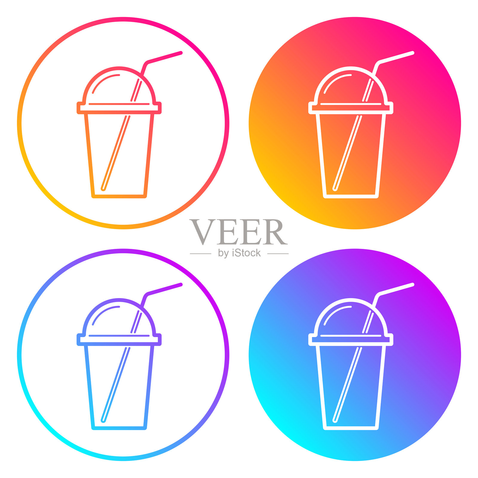 带吸管的杯子。带有颜色渐变的圆形图标插画图片素材