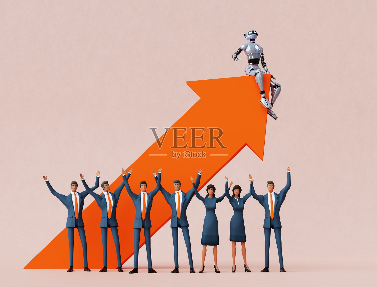 商业人士，开发团队庆祝成功，机器人坐在大箭头上。3D渲染。照片摄影图片