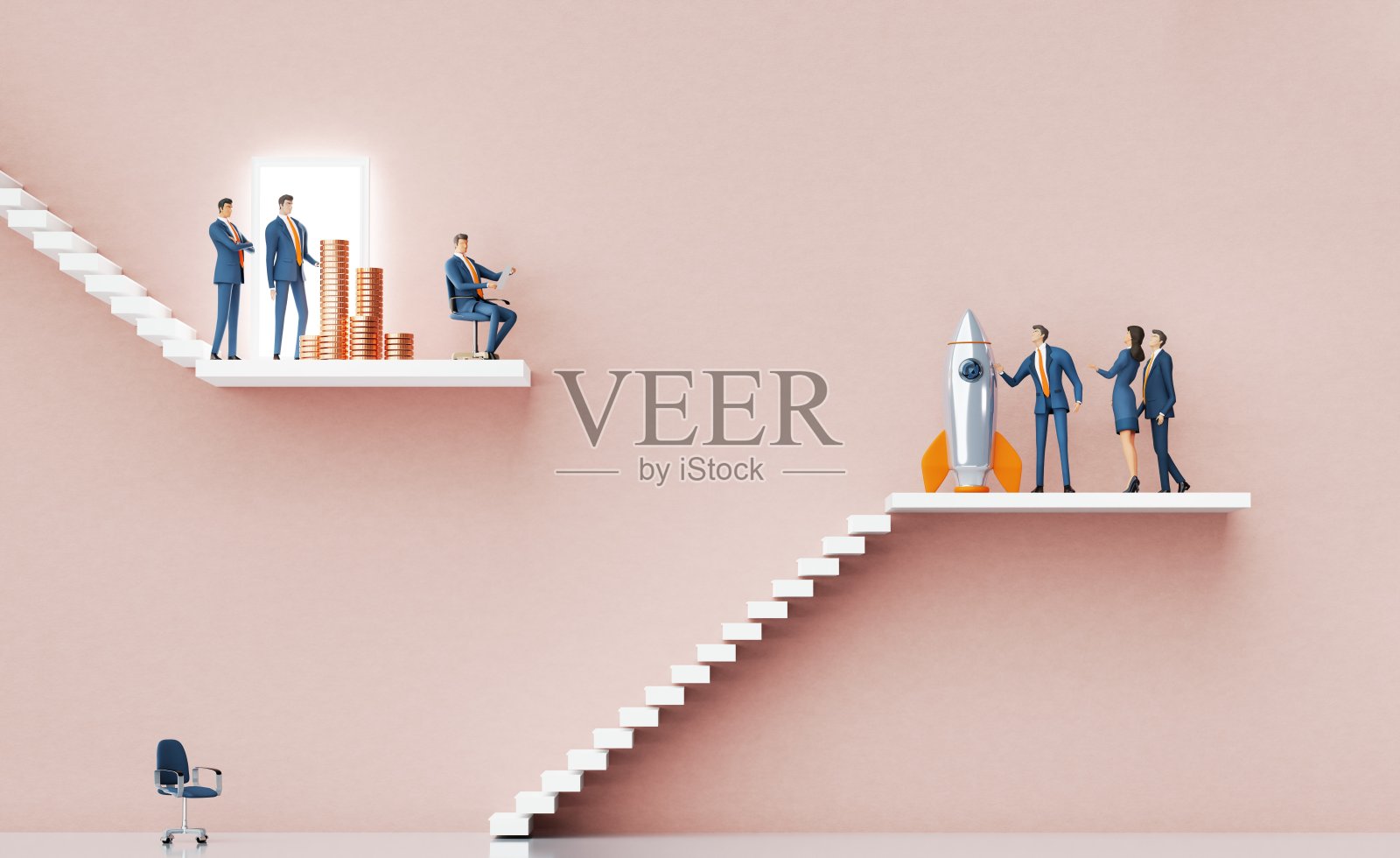 商业人士向投资者介绍新的创业想法。锁和金钥匙用于开启它。商业环境概念，带有楼梯和打开的门。3D渲染。照片摄影图片