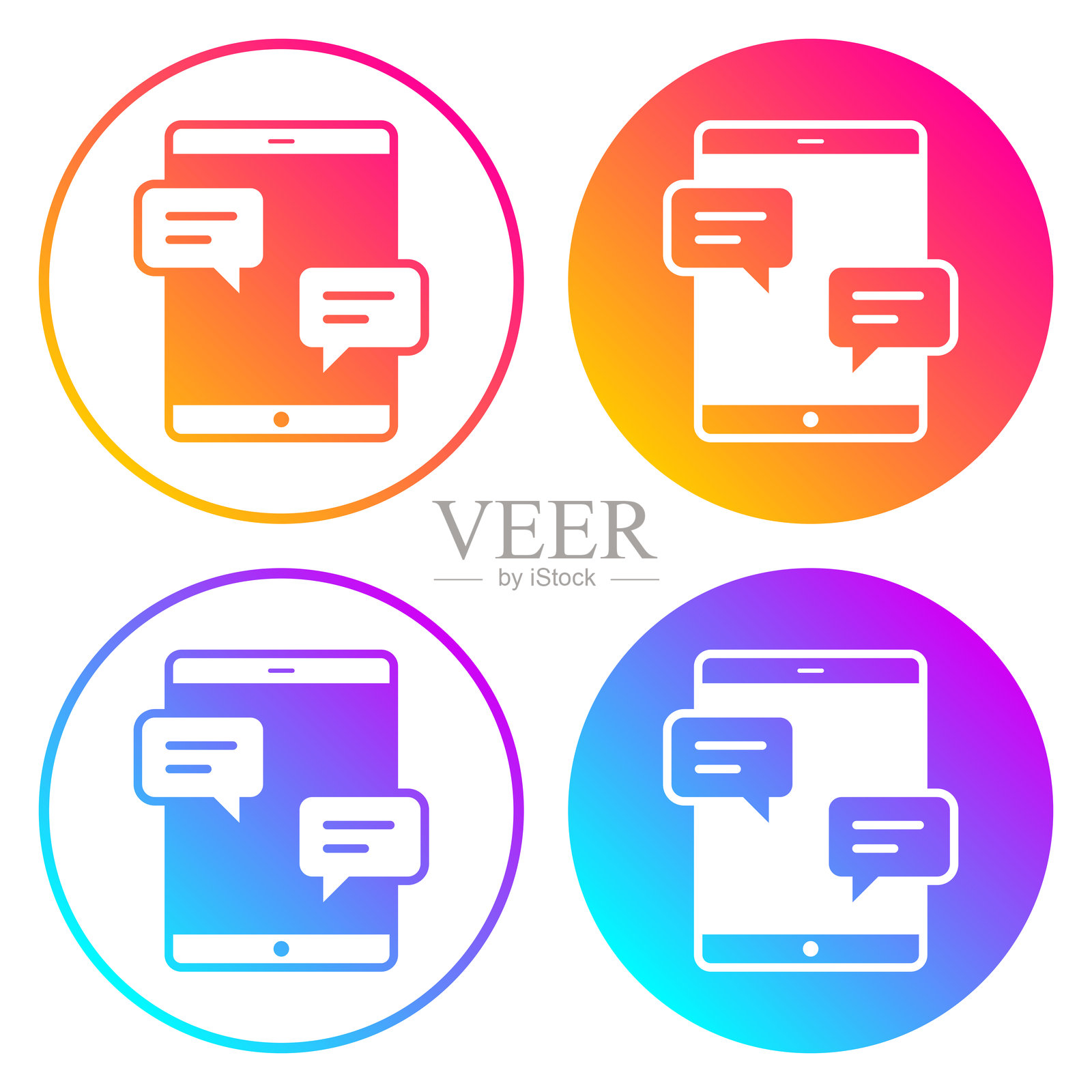 带有聊天气泡的平板电脑。圆形图标带有渐变色。插画图片素材