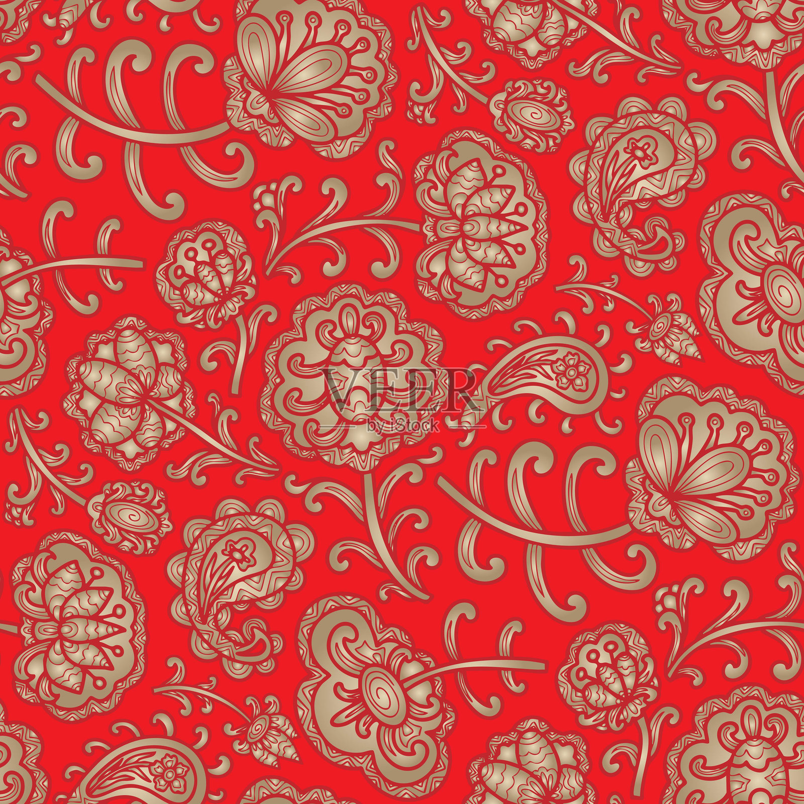 漩涡，手绘花朵，佩斯利图案，红色和米色。插画图片素材