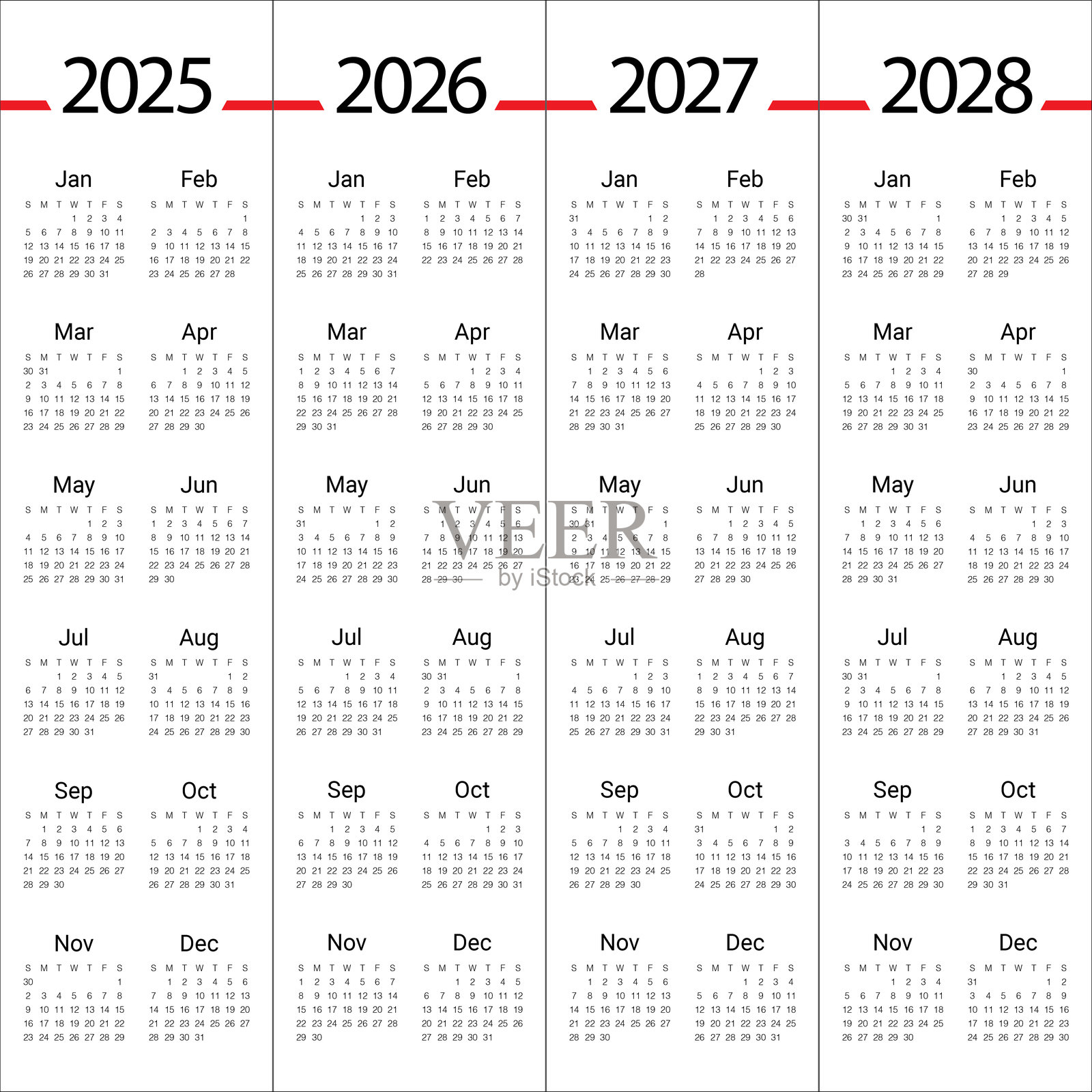 2025 2026 2027 2028年日历矢量设计模板插画图片素材