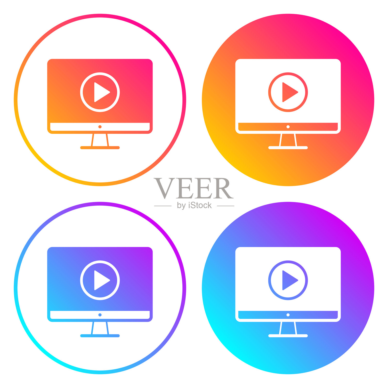 带播放按钮的台式电脑。带有渐变色的圆形图标插画图片素材