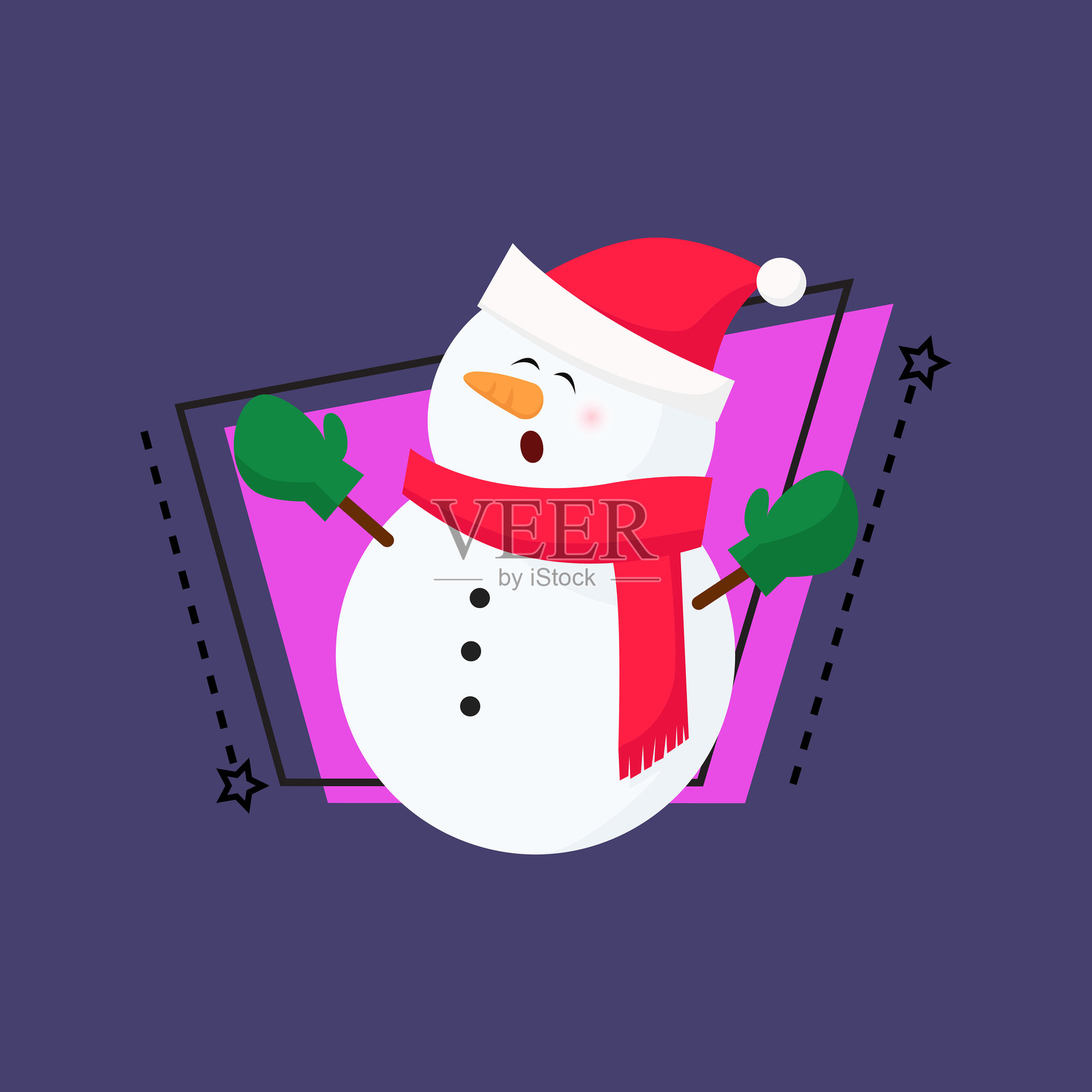 快乐的雪人戴着圣诞老人帽和围巾插画图片素材