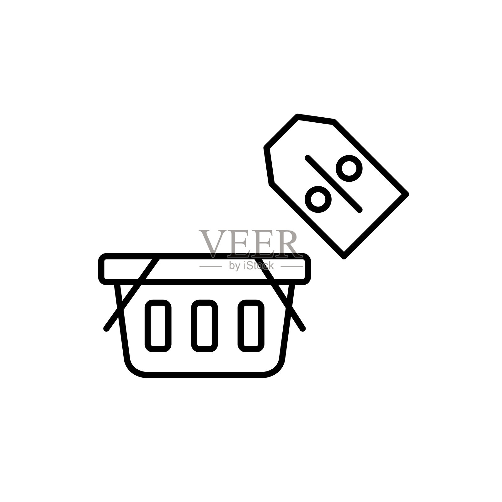 购物篮和百分比标签。折扣、促销和节省。像素完美，可编辑的线条图标插画图片素材